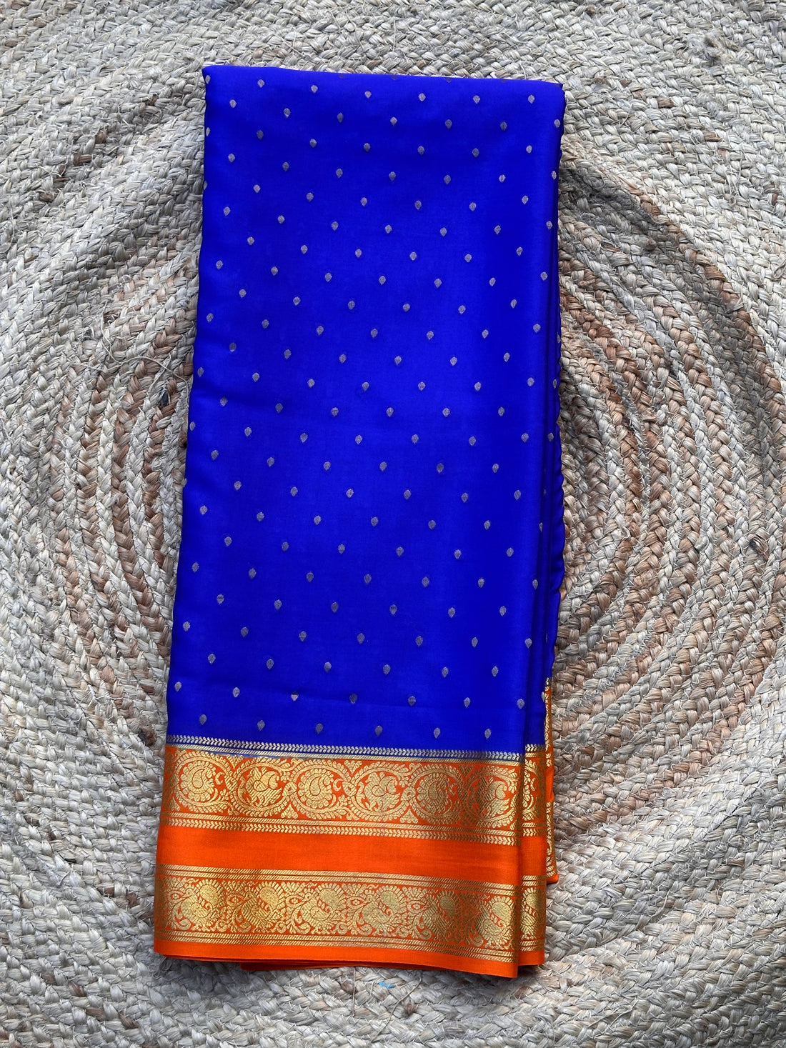 Royal blue with orange pure crepe Mysore Silk sarees 130 gsm