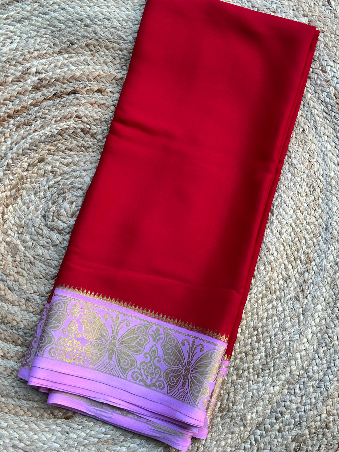 Red and pink butterfly border pure crepe Mysore Silk sarees 120 gsm
