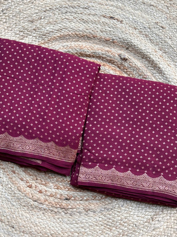 Deep wine scallop border pure crepe Banaras sarees