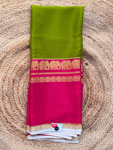 Mysuru Silk Crepe- Elephant 3 D Border (120 gsm) Green with pink and white border