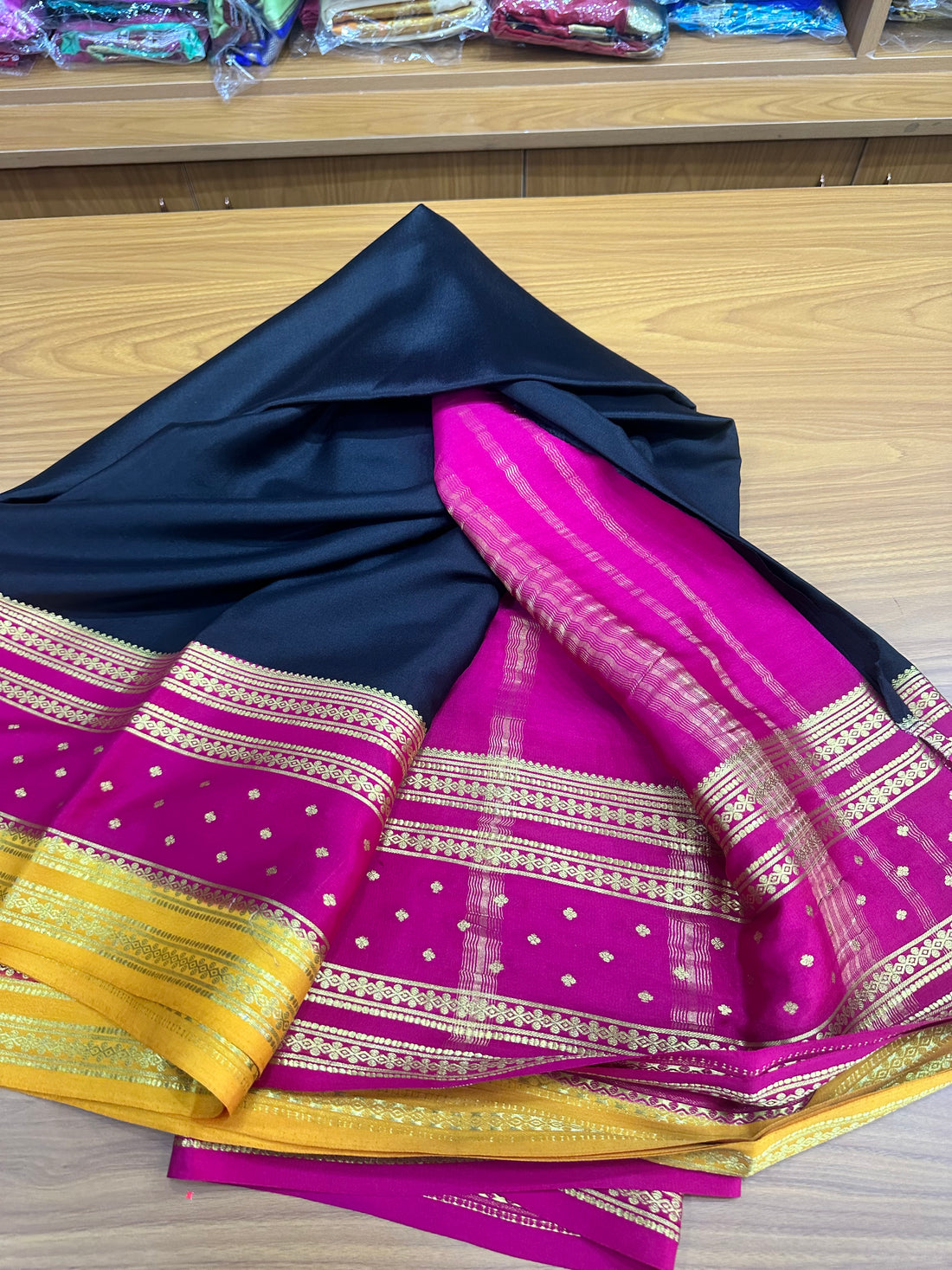 Black and pink pure crepe Mysore Silk 120 gsm
