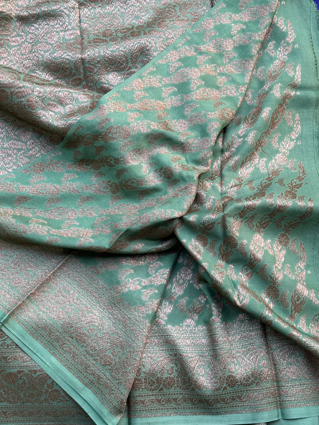 Deep purple and mint green crepe chiffon Banarasi sarees
