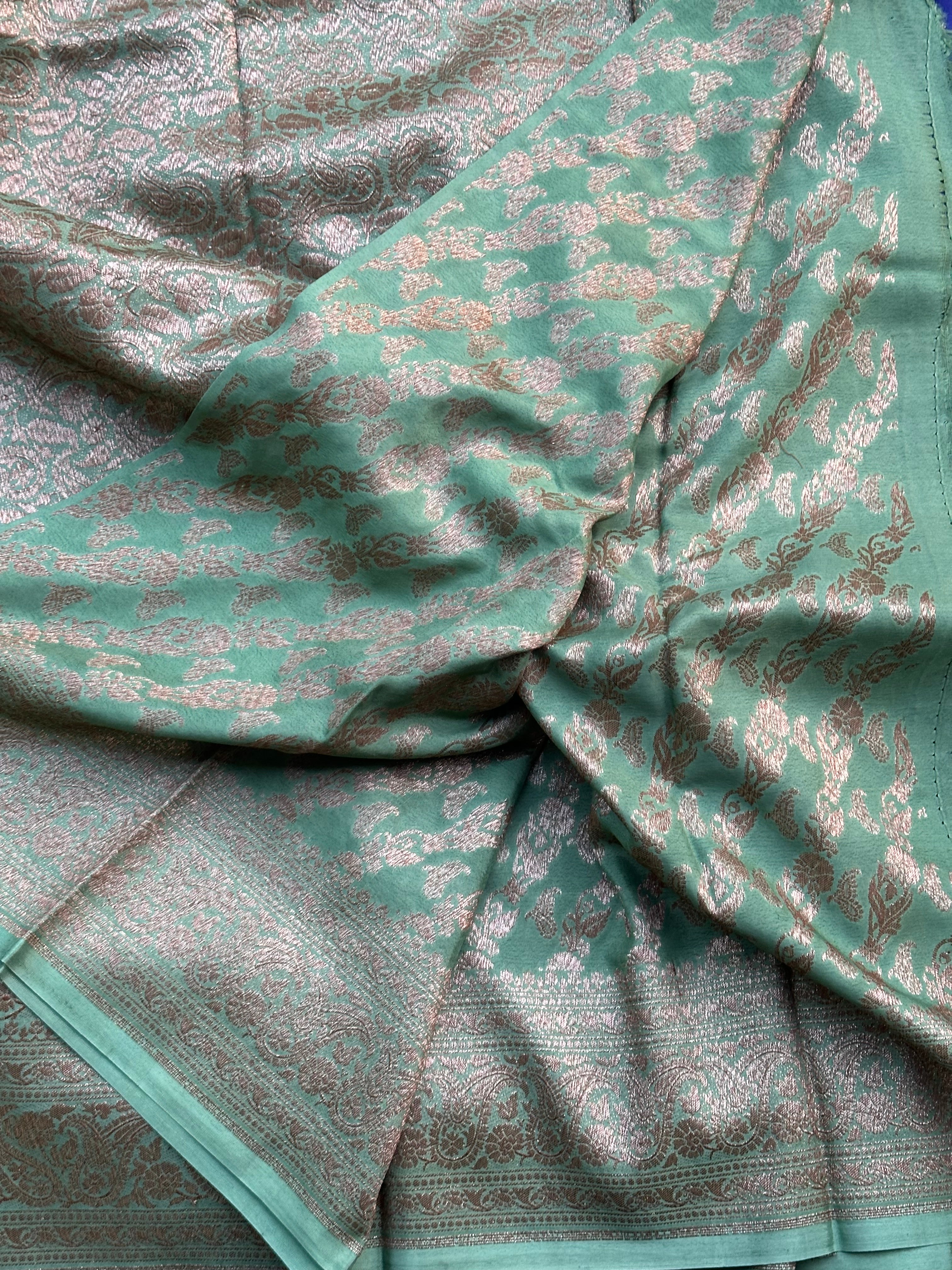 Deep purple and mint green crepe chiffon Banarasi sarees