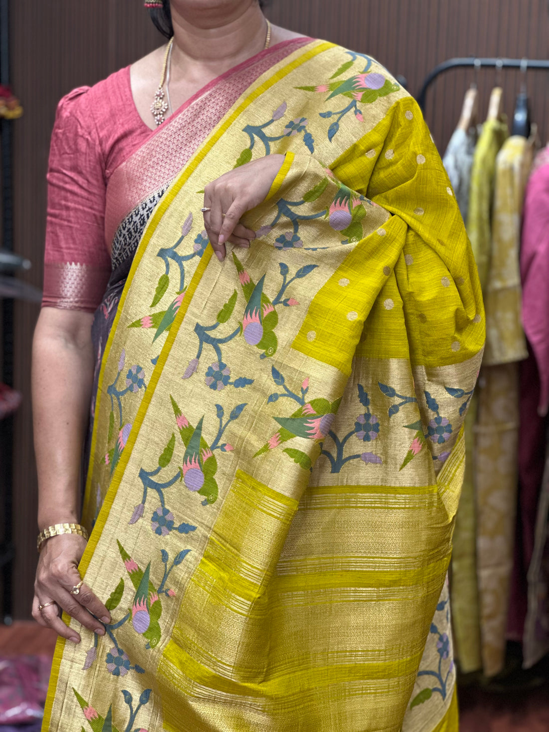 Green Tusser with Paithani border
