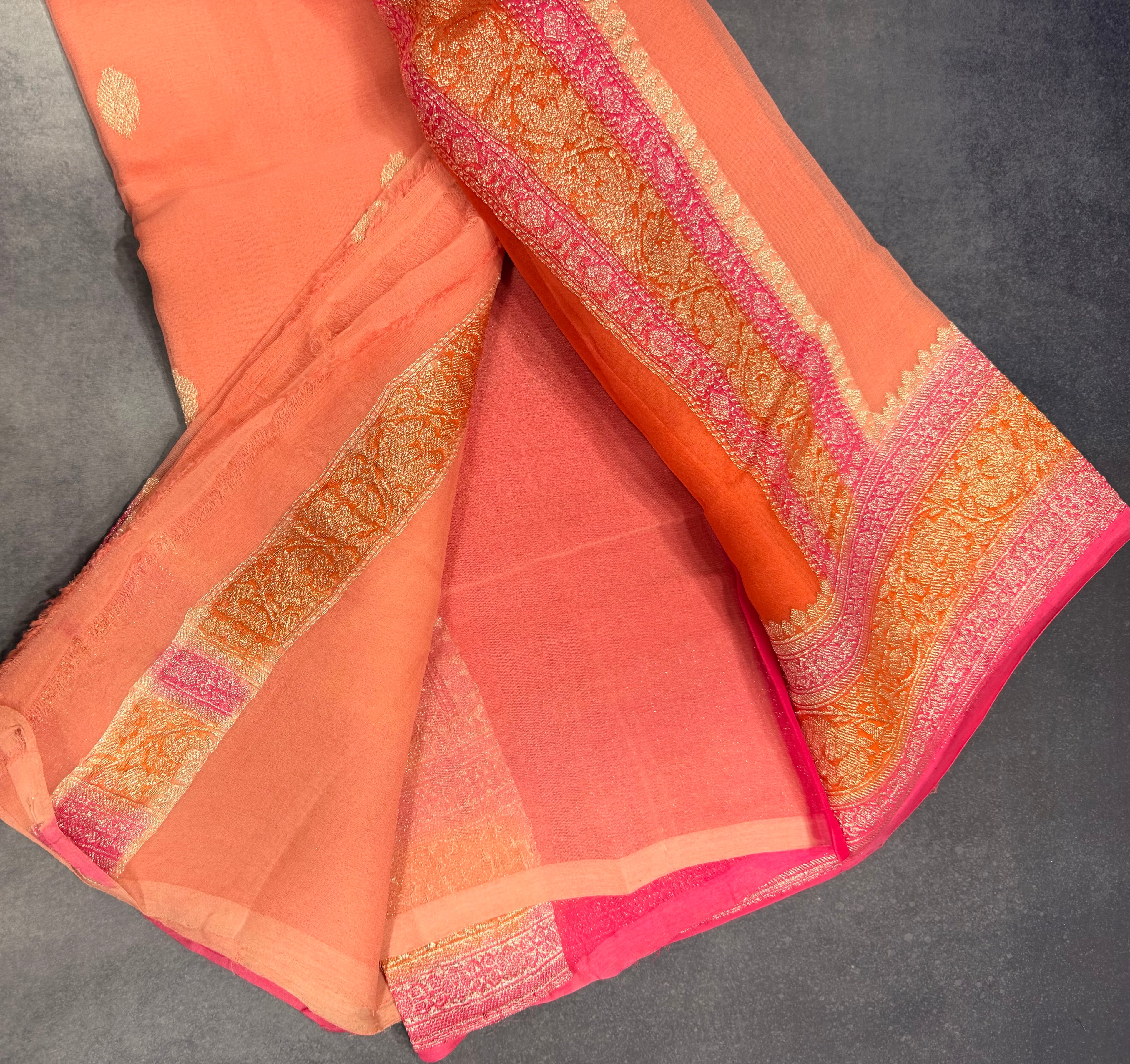 Peach 3D Banarasi pure khadi chiffon saree sliver zari saree