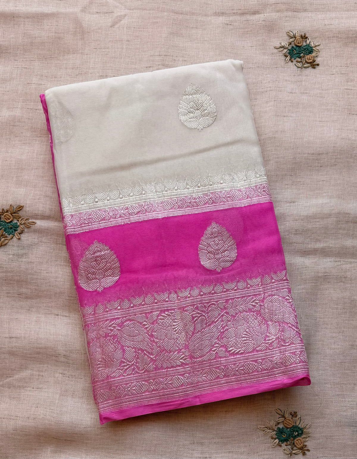 Cream double border Banarasi pure khadi chiffon saree sliver zari saree