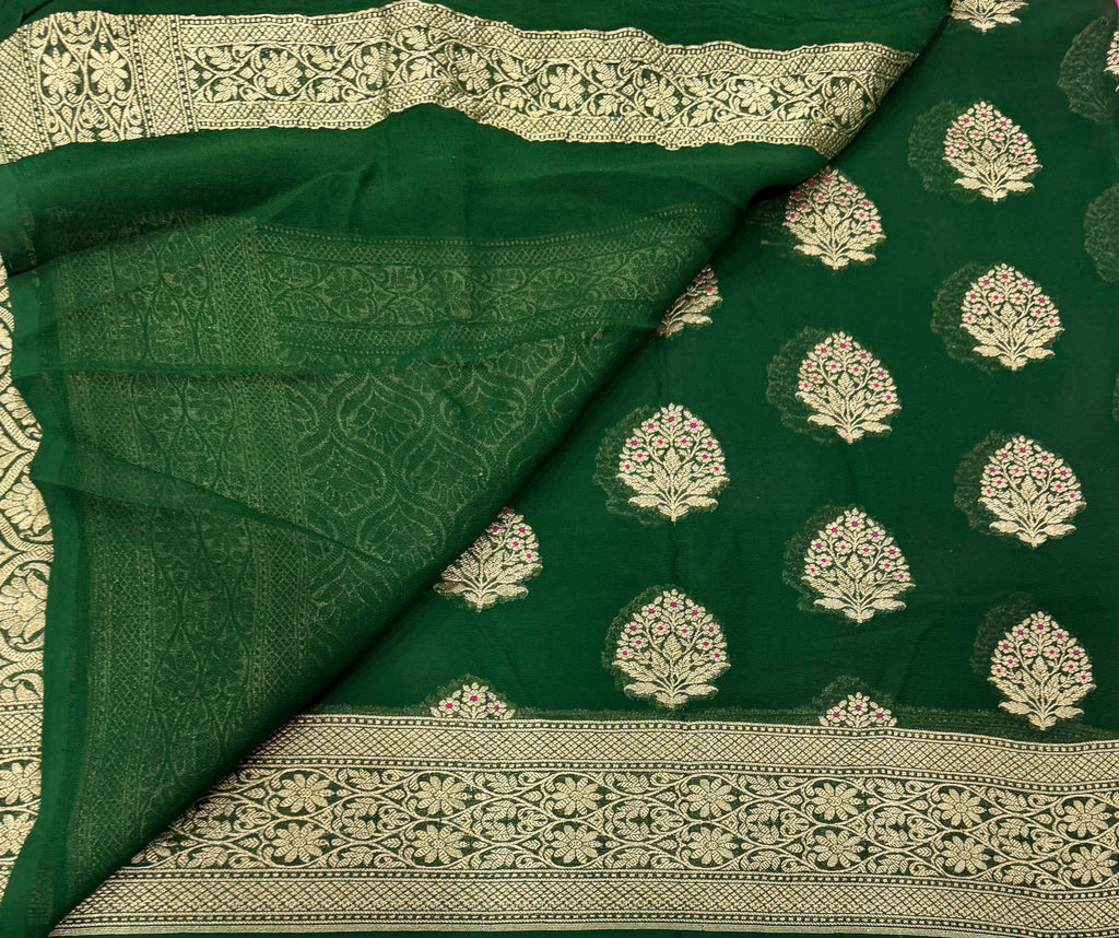 Bottle green pure georgette with water zari saree