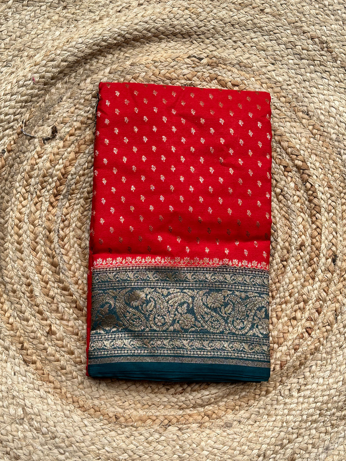 Red and peacock green crepe chiffon banaras saree