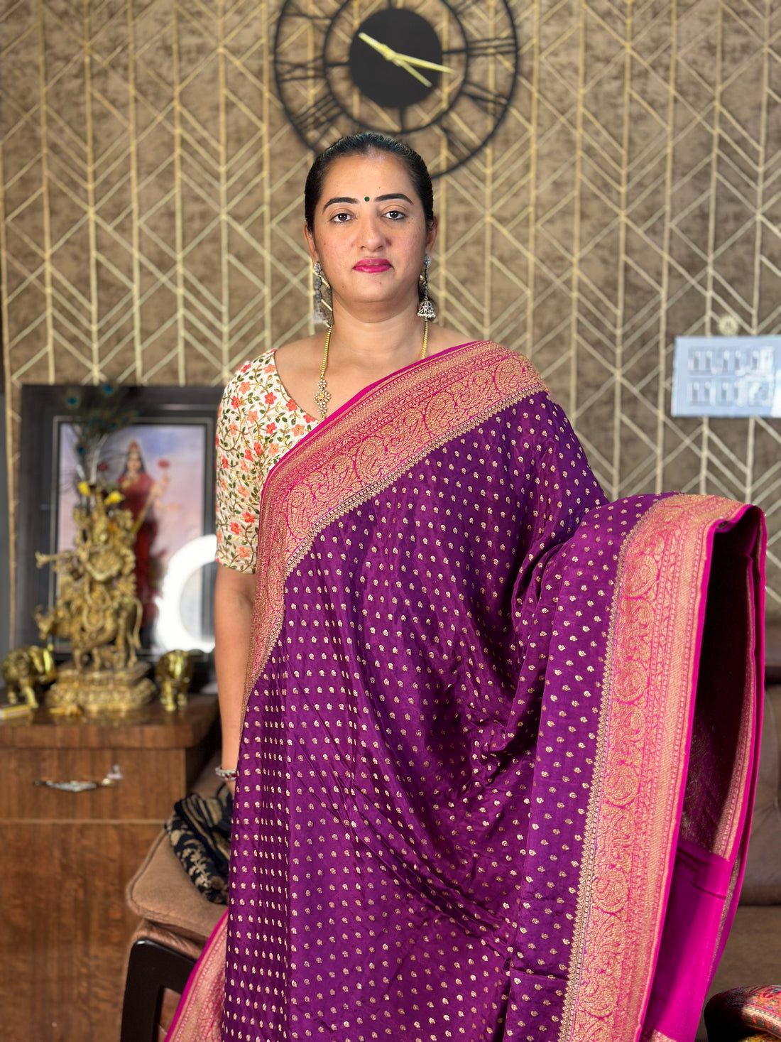 Wine with pink pure crepe Banaras silk handloom saree with brocade blouse