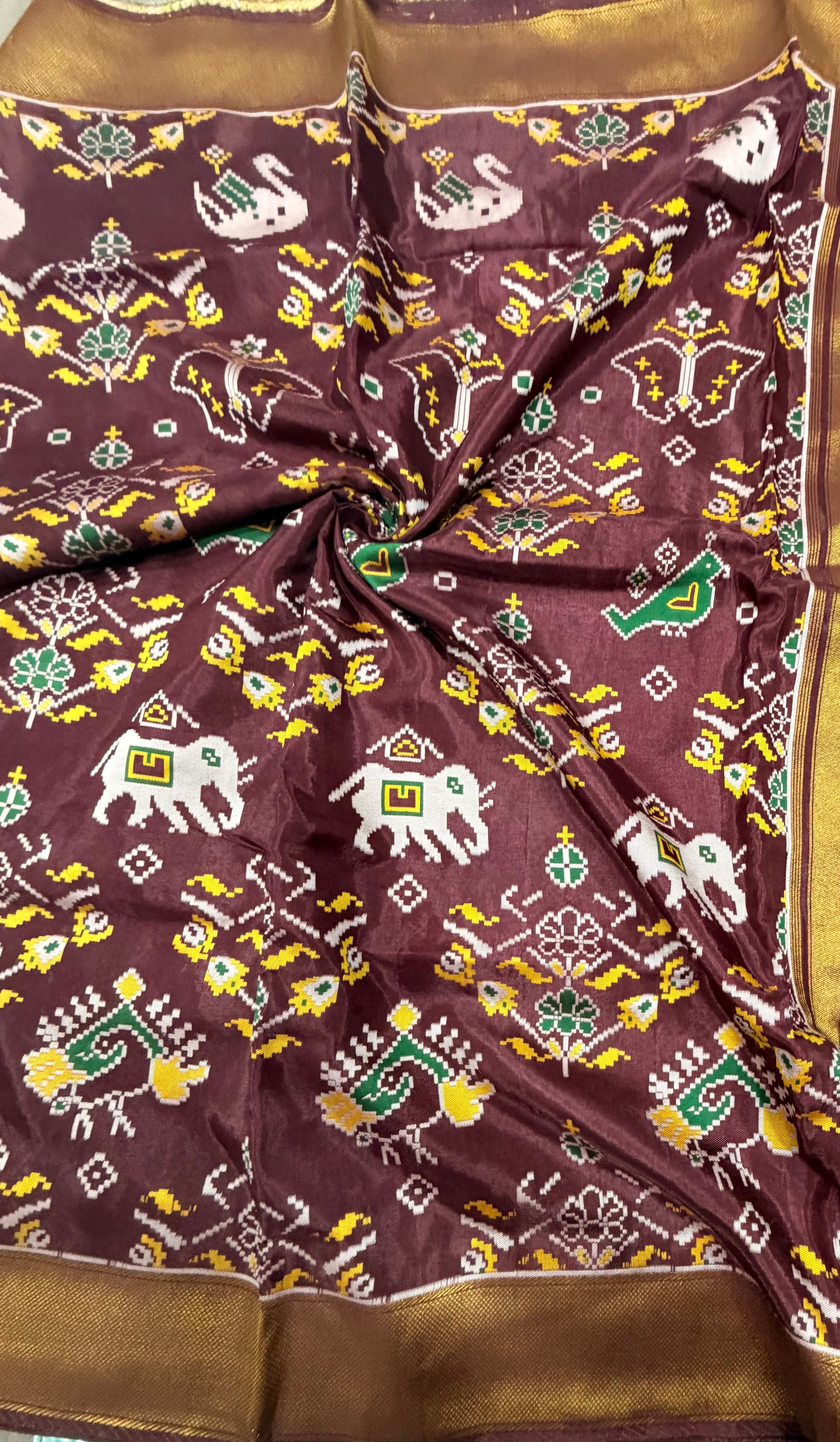 Dark brown small border tusser Paithani saree