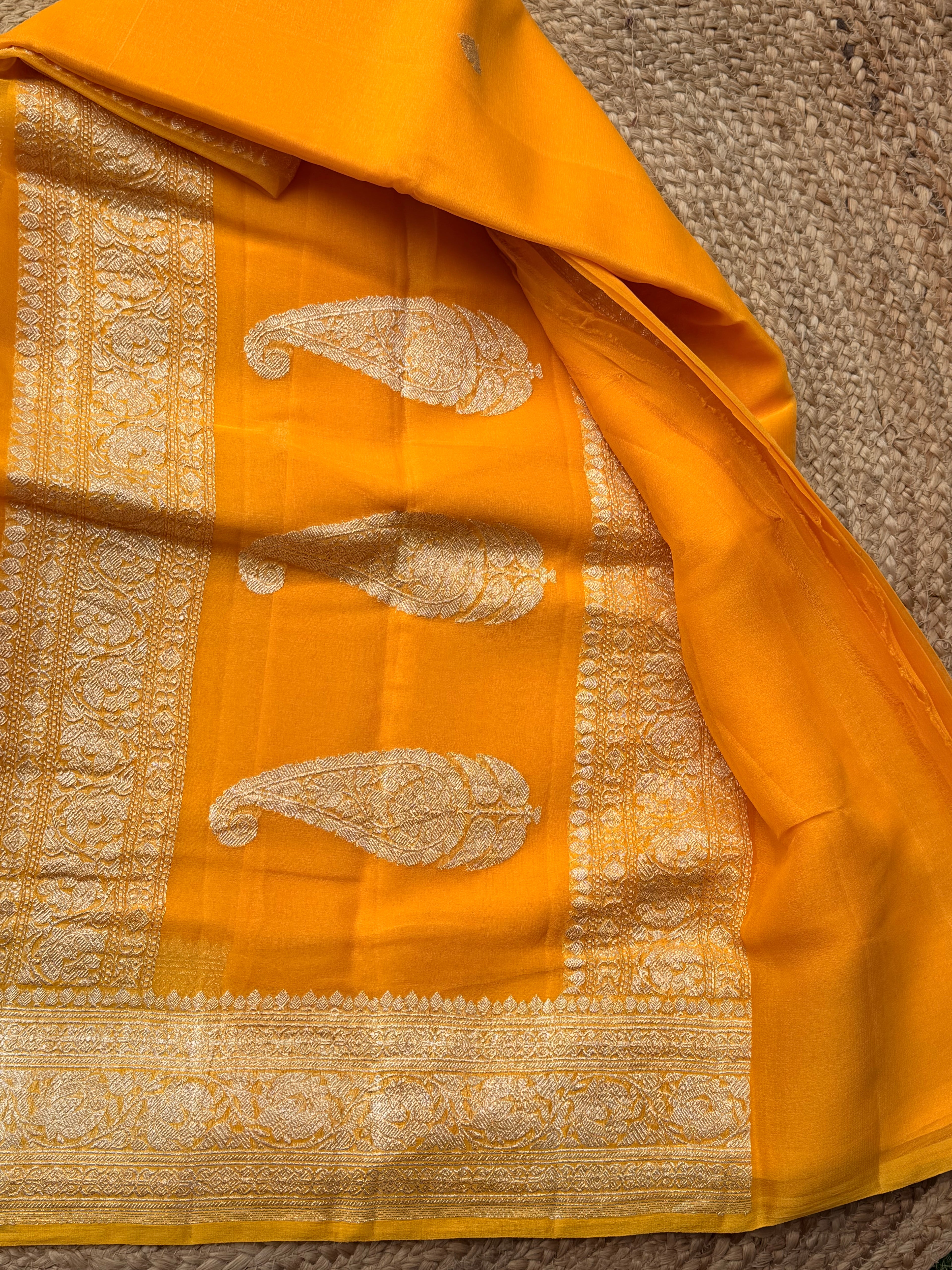 Mango yellow bananasi pure khadi chiffon saree sliver zari woven