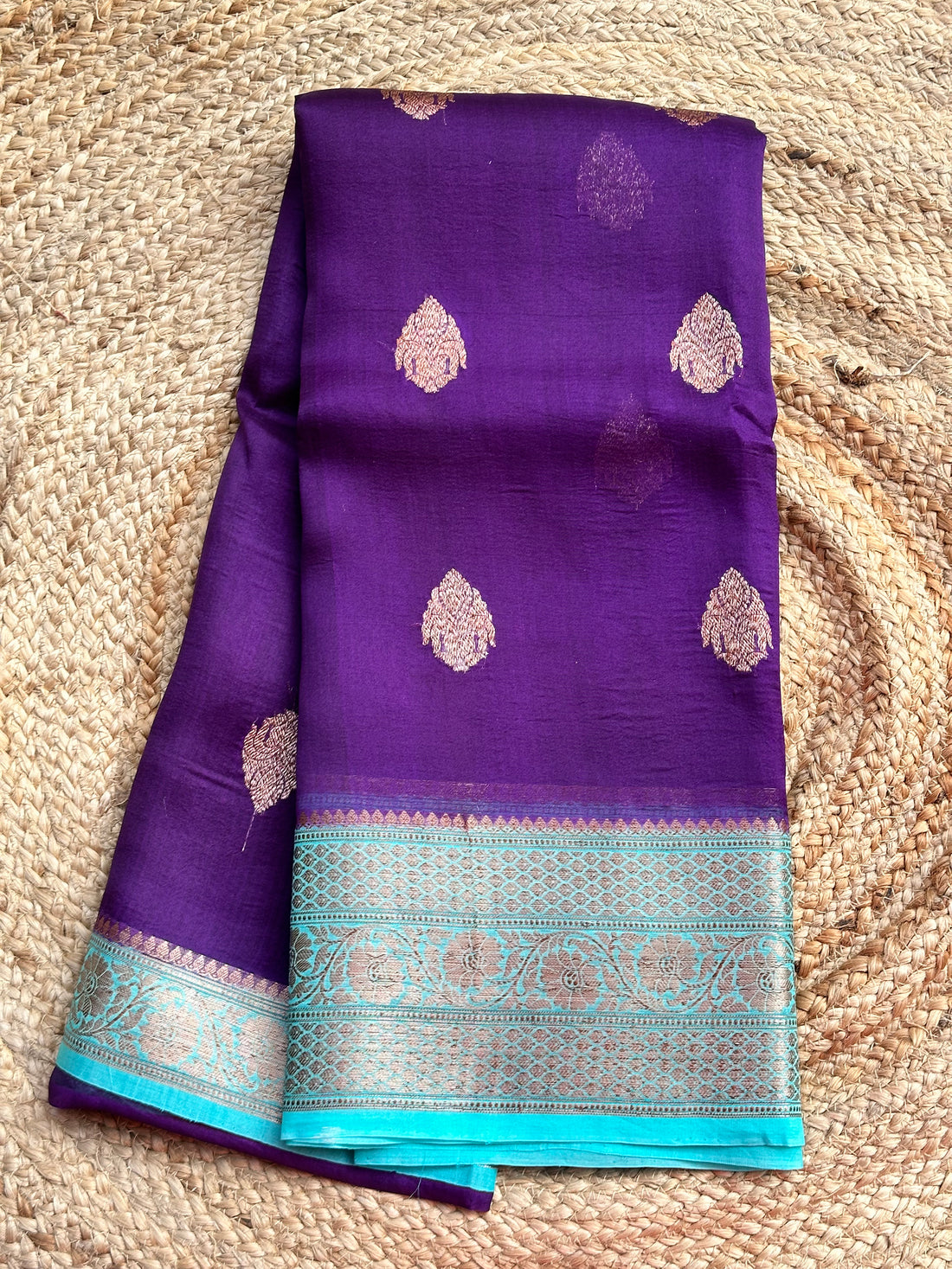Deep purple with blue pure Kora organza silk hand woven sarees