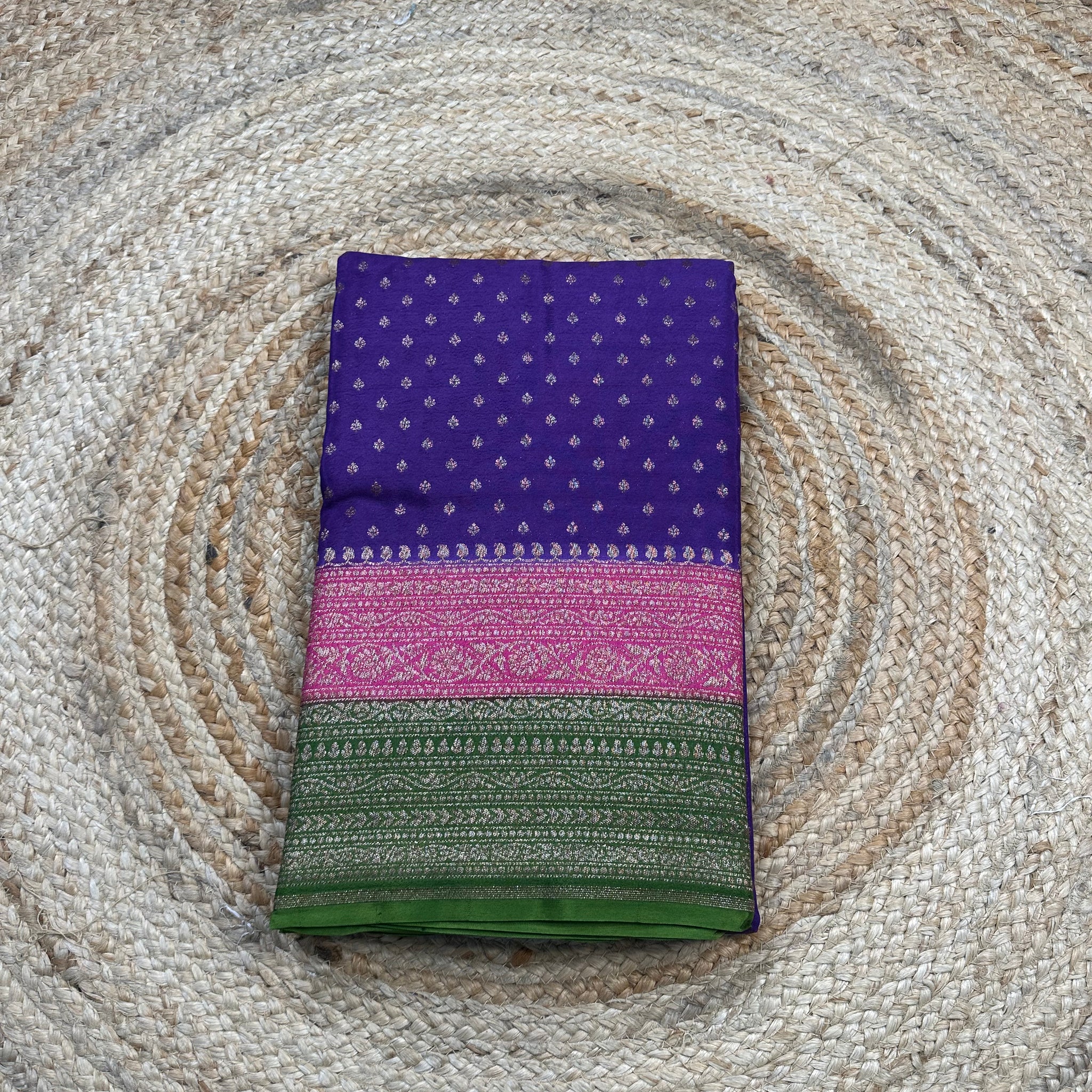 3D pattern purple and pink and green crepe chiffon sarees.