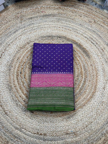 3D pattern purple and pink and green crepe chiffon sarees.