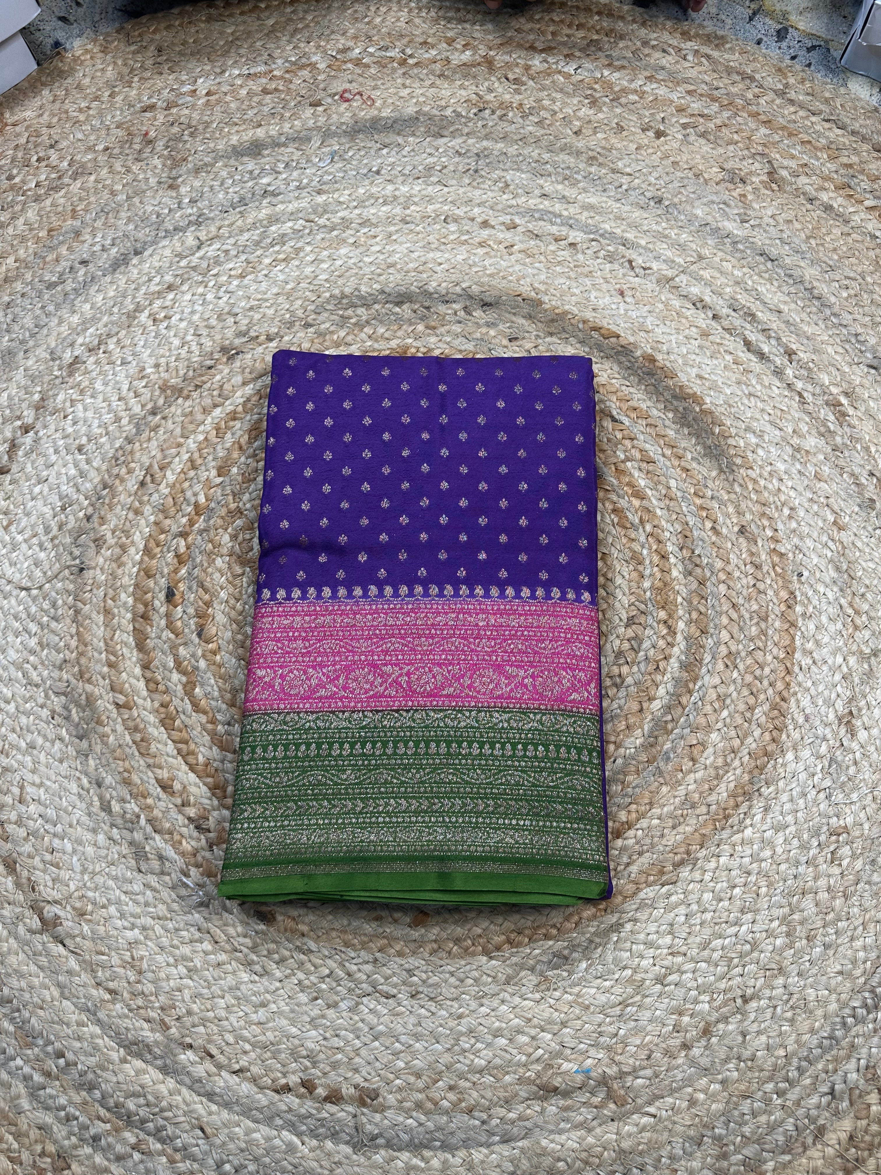 3D pattern purple and pink and green crepe chiffon sarees.