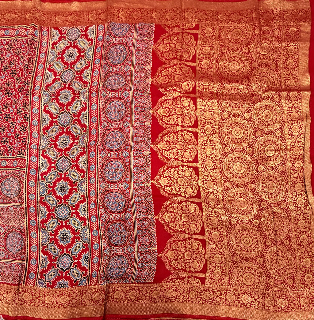Red Kanchi border pure Ajrak dola sarees