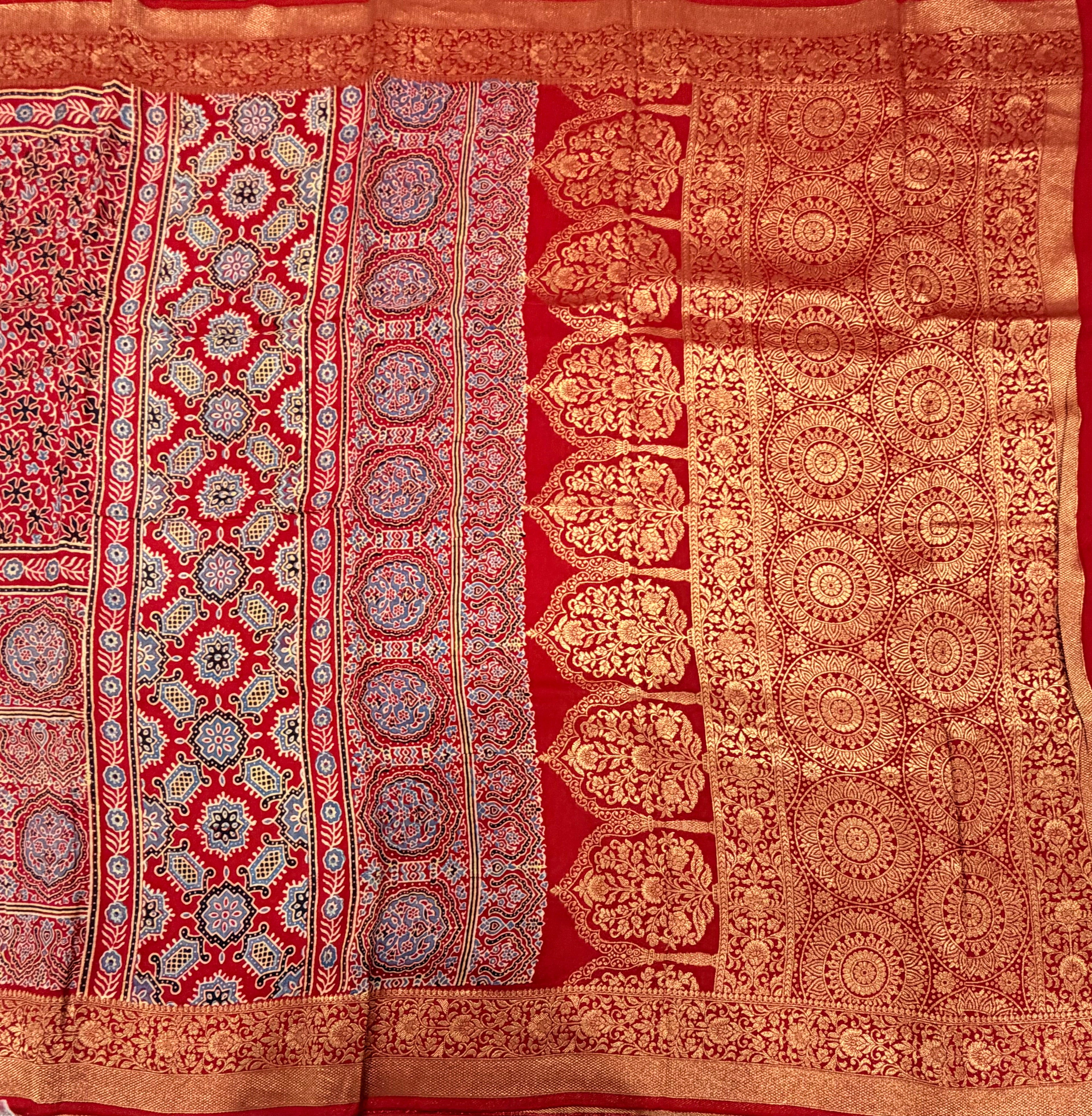 Red Kanchi border pure Ajrak dola sarees