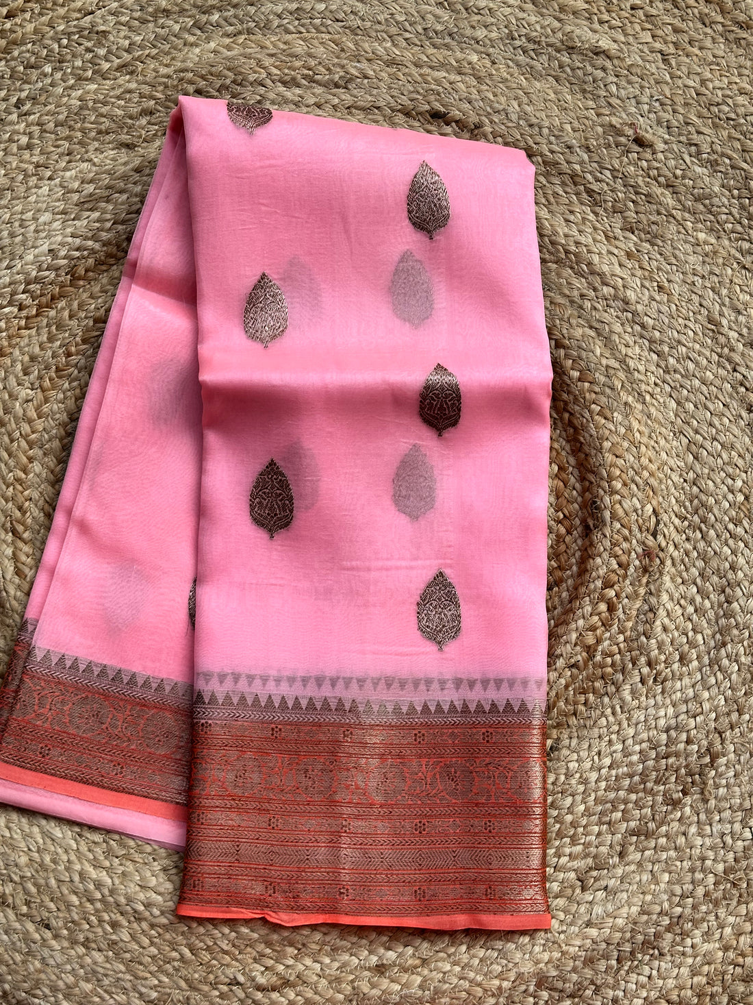 Peach with orange pure Kora organza hand woven silk sarees