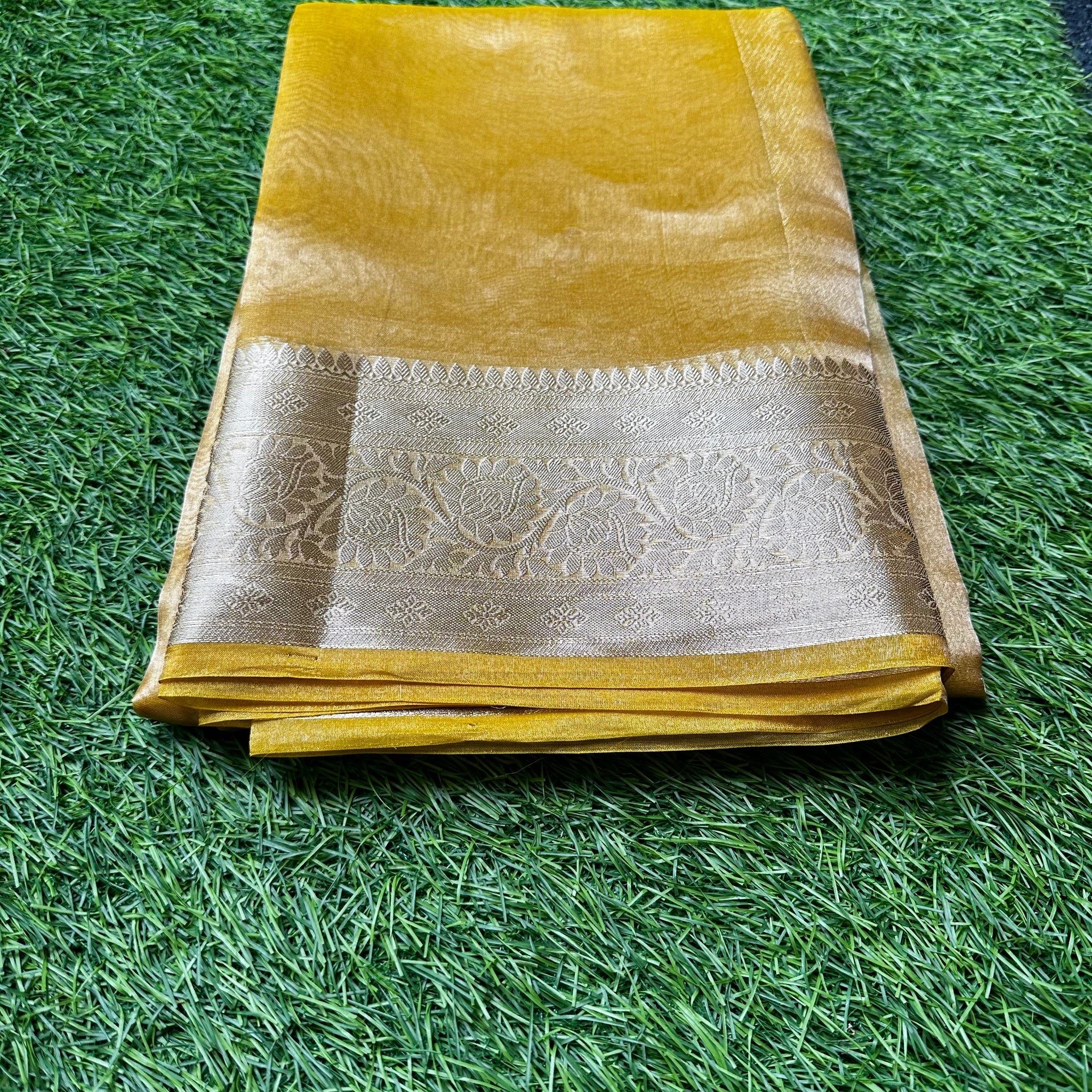 Pure Banarasi tissue silk. Golden mustard.