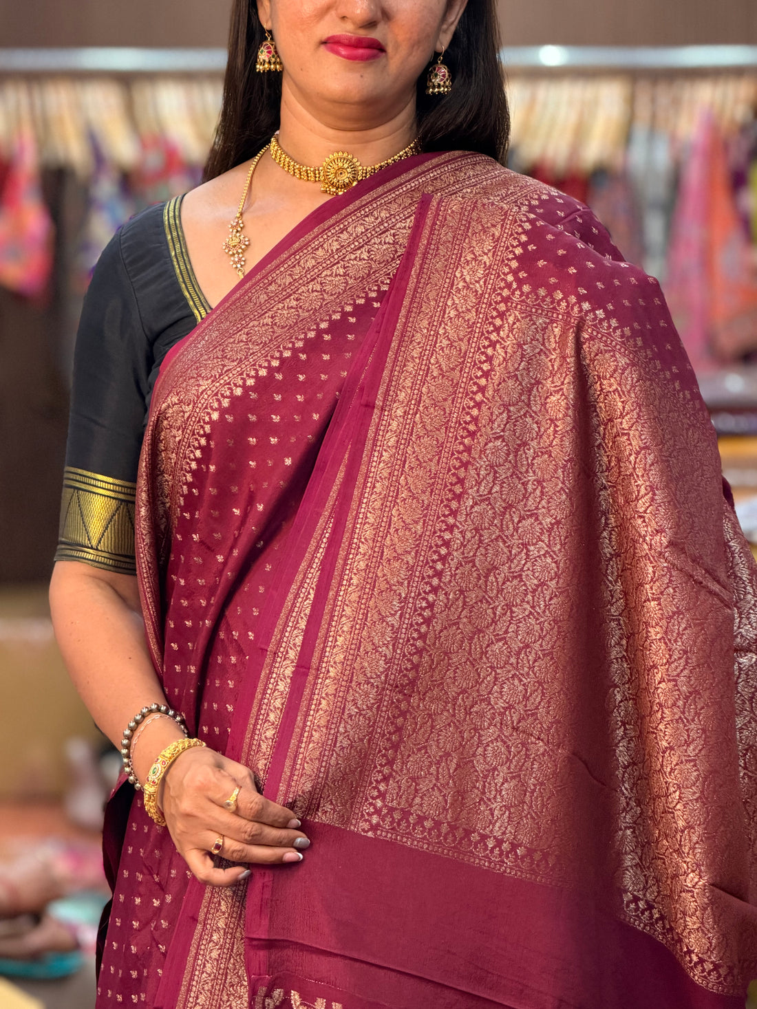 Deep maroon with chiffon crepe along with brocade blouse