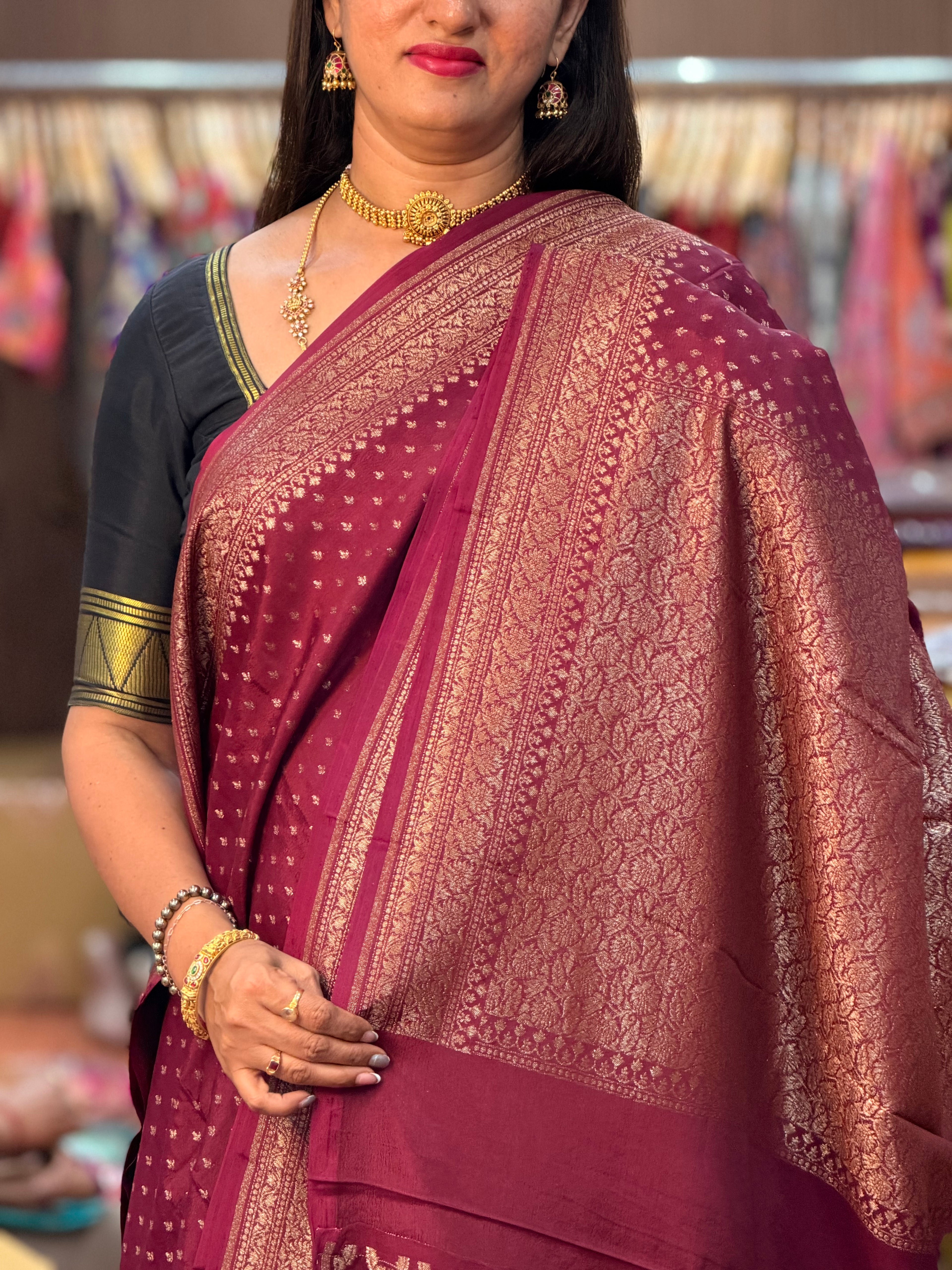 Deep maroon with chiffon crepe along with brocade blouse
