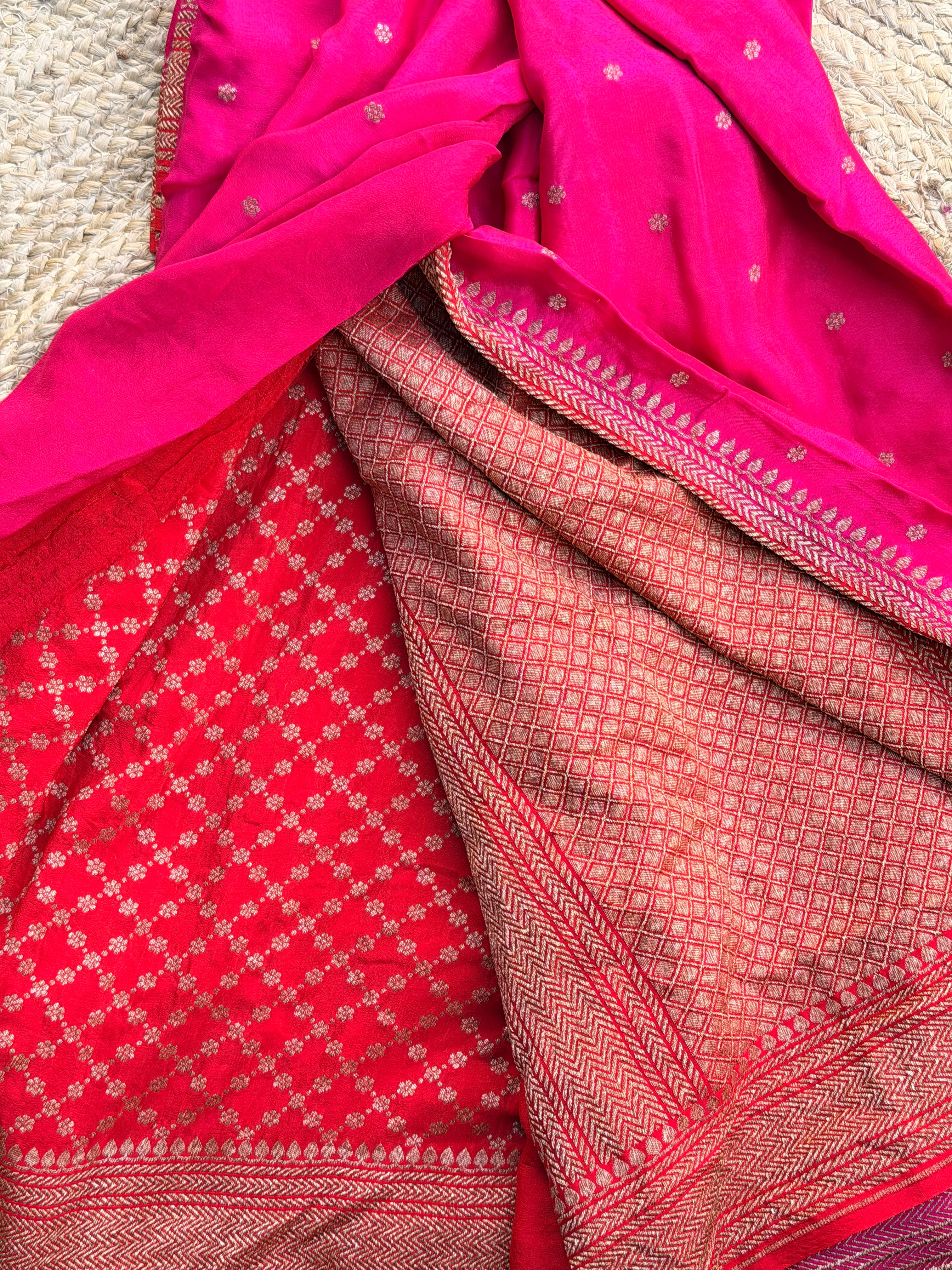 Dark pink and orange pure crepe Banaras