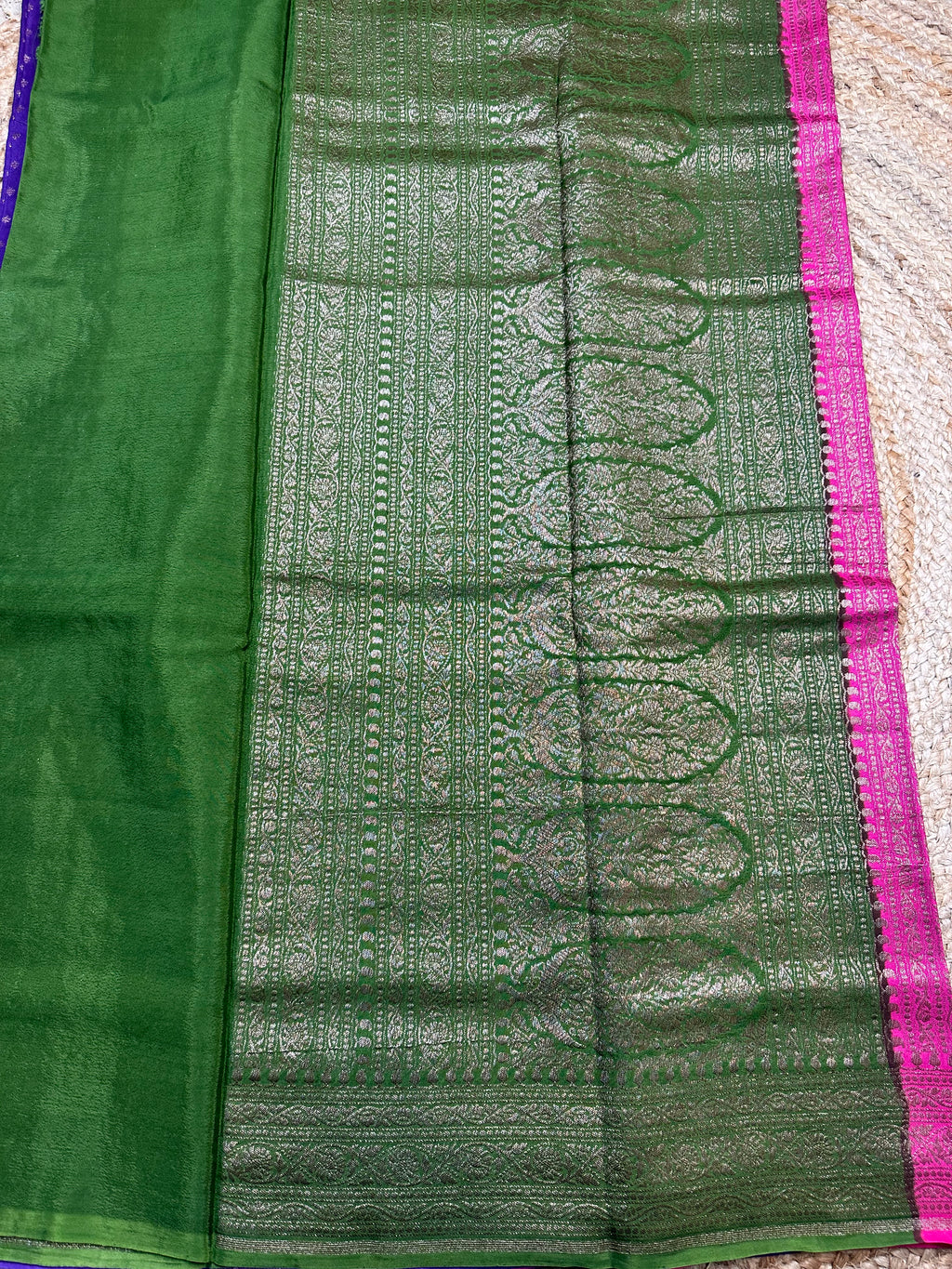 3D pattern purple and pink and green crepe chiffon sarees.