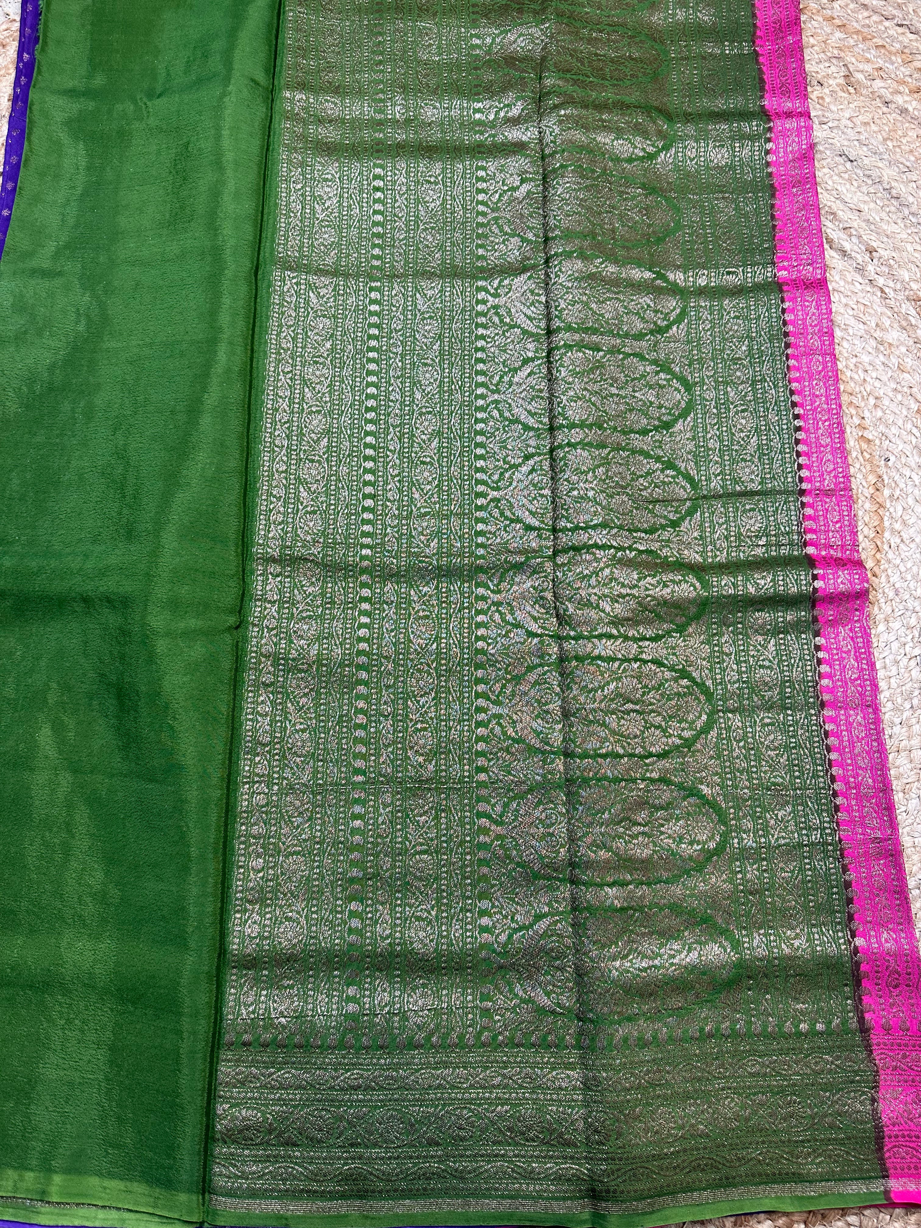 3D pattern purple and pink and green crepe chiffon sarees.