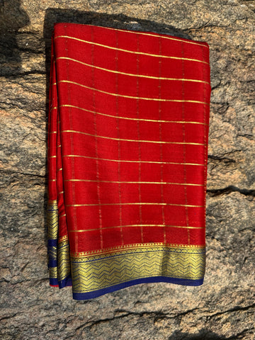 Red and purple Mysore Silk crepe with big checks contrast border. 75 grams thickness.
