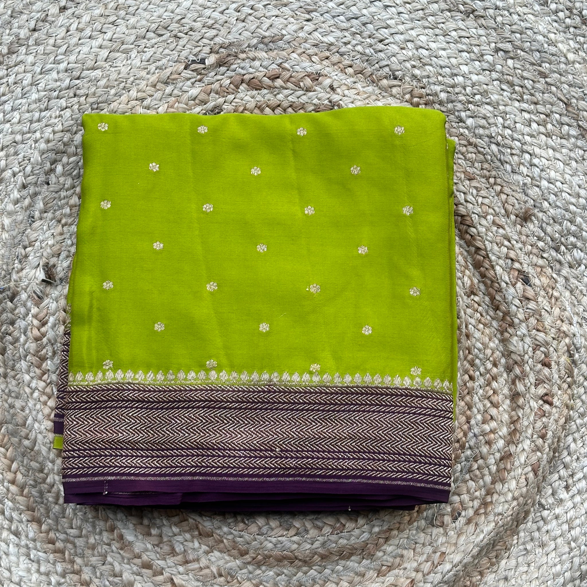 Neon green with purple pure crepe Banaras sarees