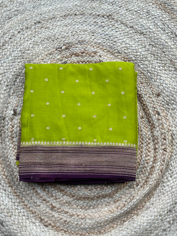 Neon green with purple pure crepe Banaras sarees
