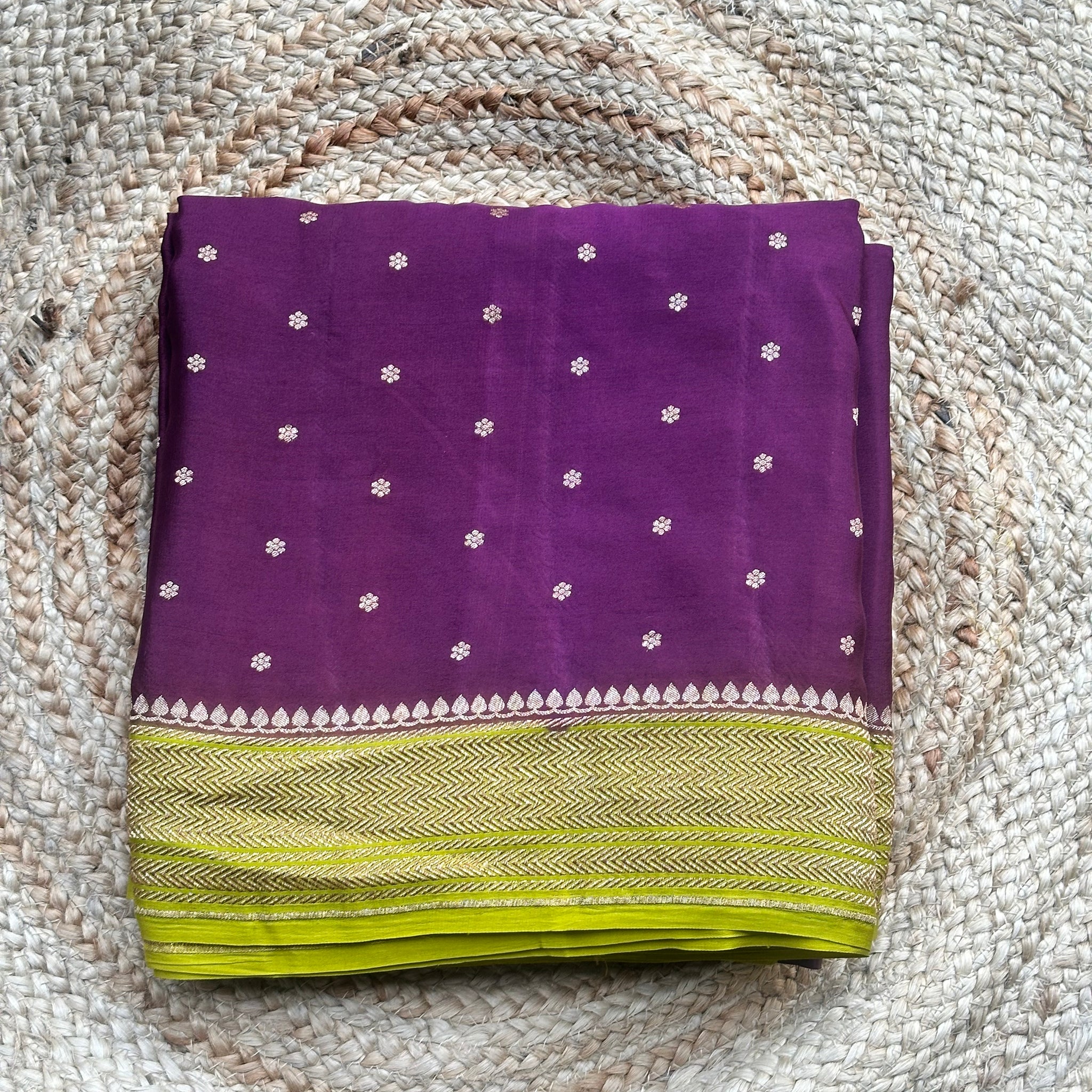 Maroon with neon green pure crepe Banaras