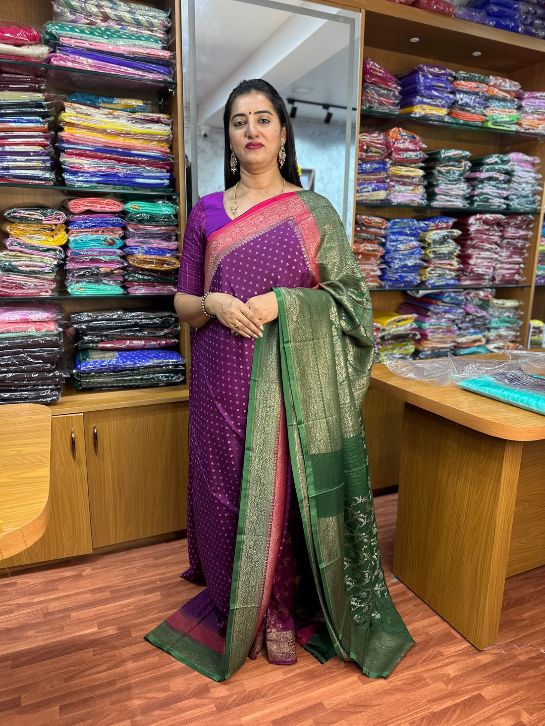 Brinjal purple green and pink 3D crepe chiffon sarees