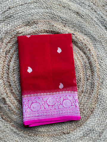 Red and pink pure khaddi chiffon sarees silver zari woven