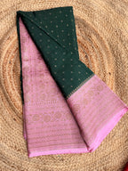 Bottle green n baby pink small butta benarasi crepe saree