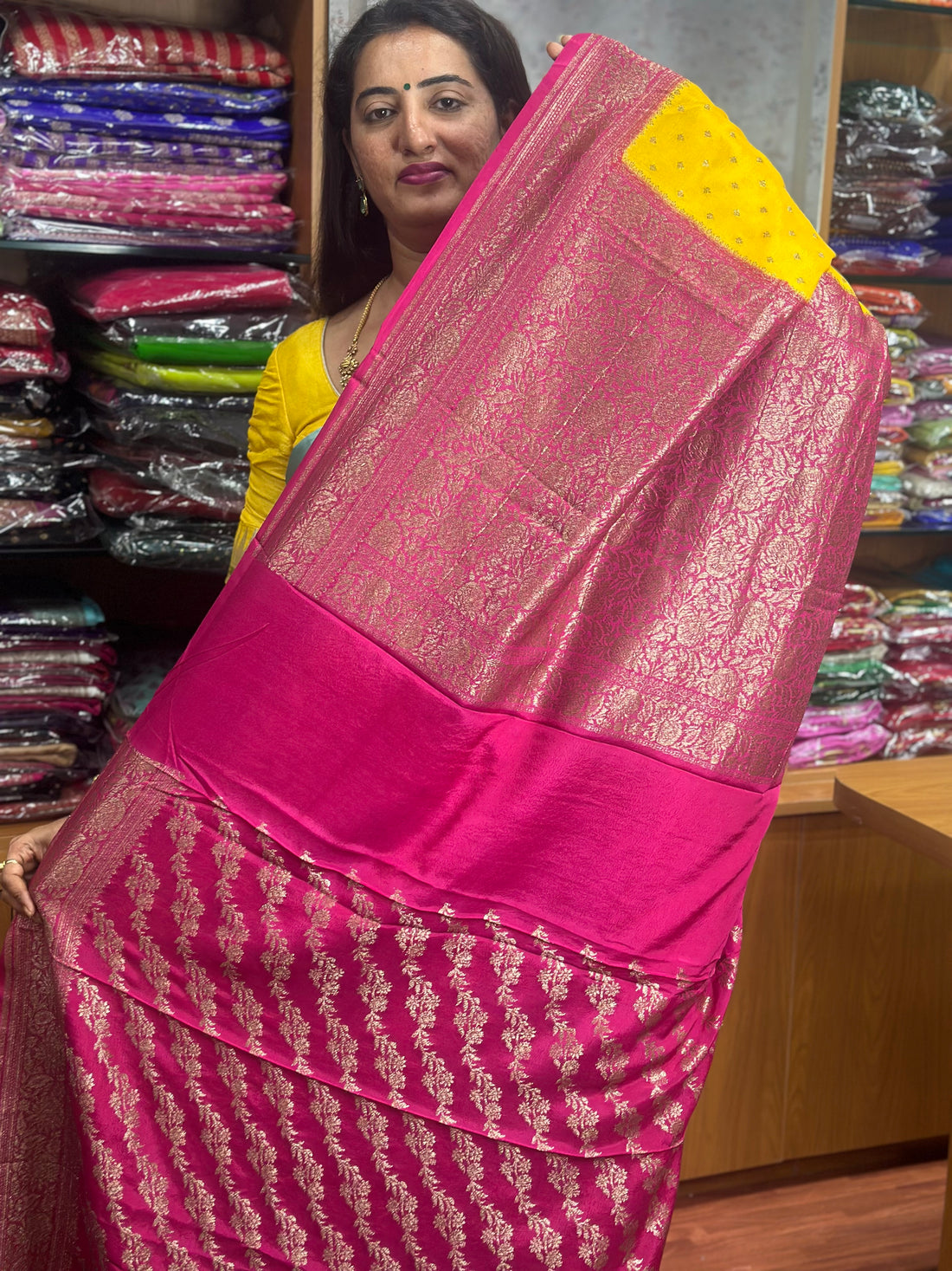 Yellow and pink crepe chiffon Banarasi sarees