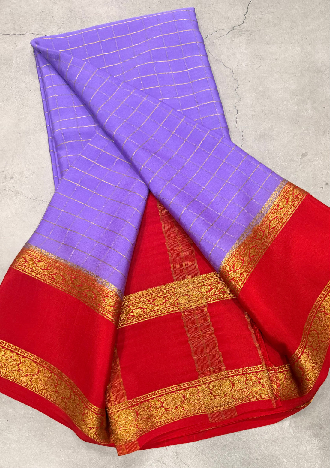 Lilac checks n bentex border pure Mysore silk crepe saree