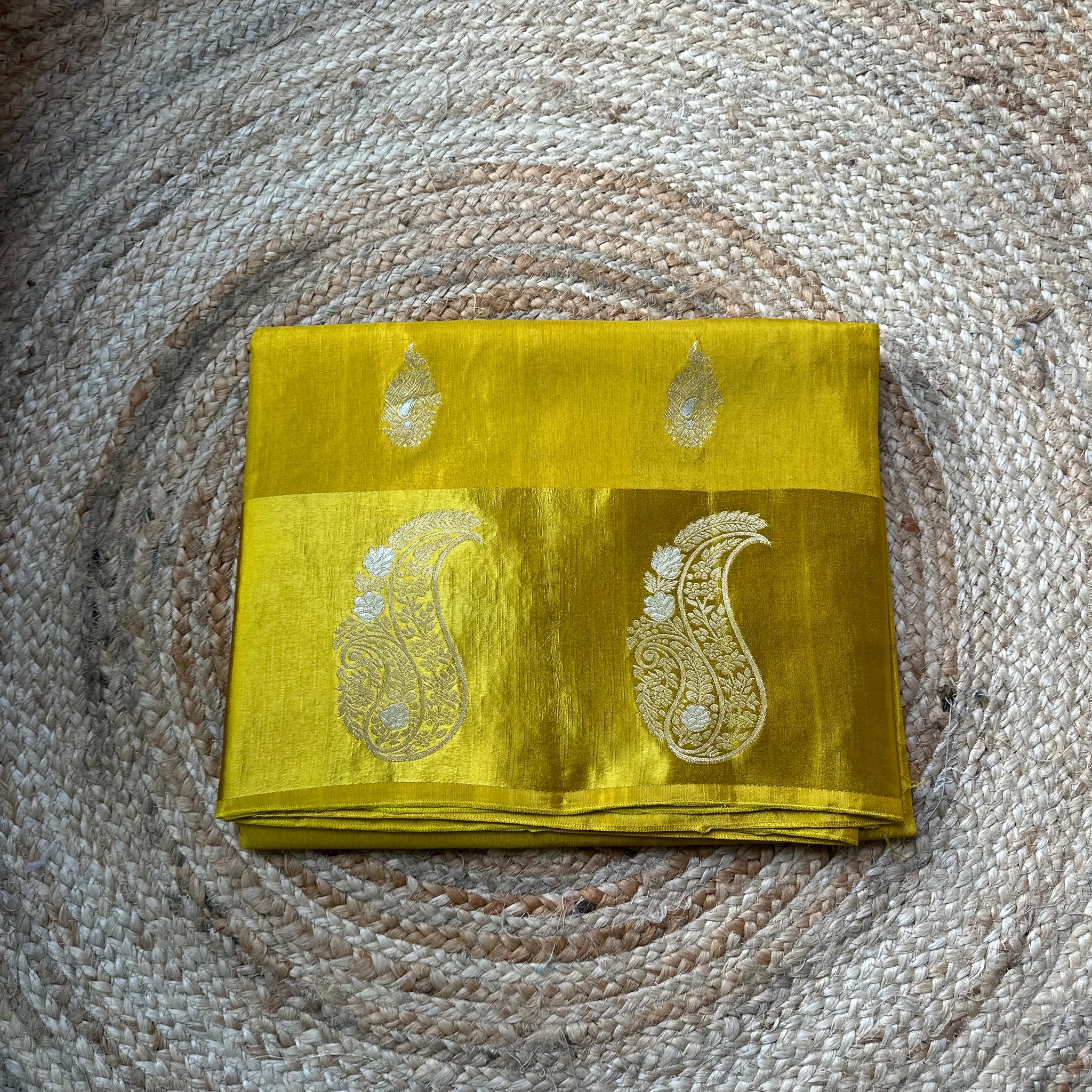 Mustard yellow dola silk with mango satin border