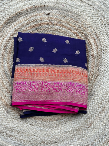 Deep blue with pink red pure crepe Banaras sarees