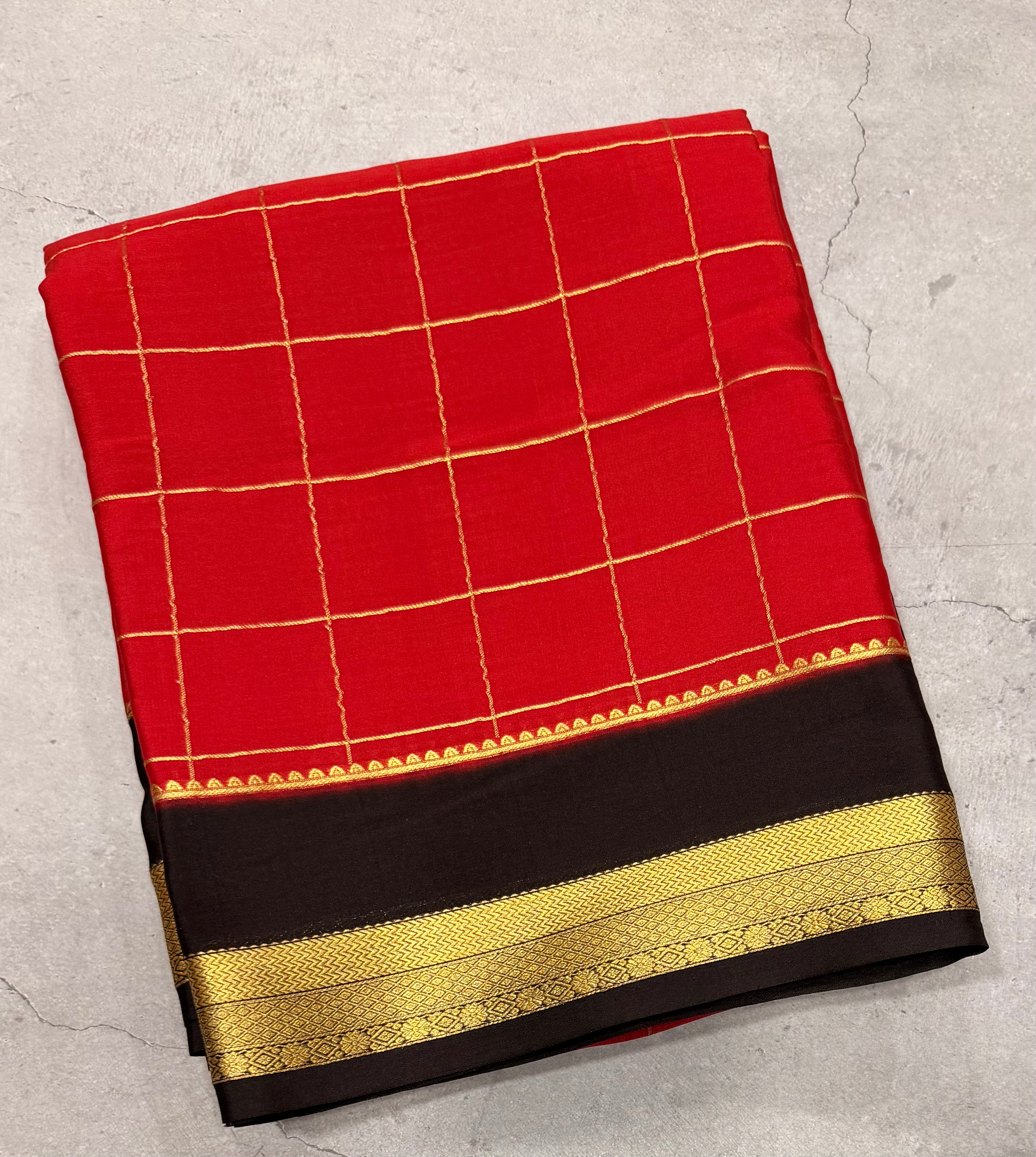 Red checks pure Mysore silk crepe saree