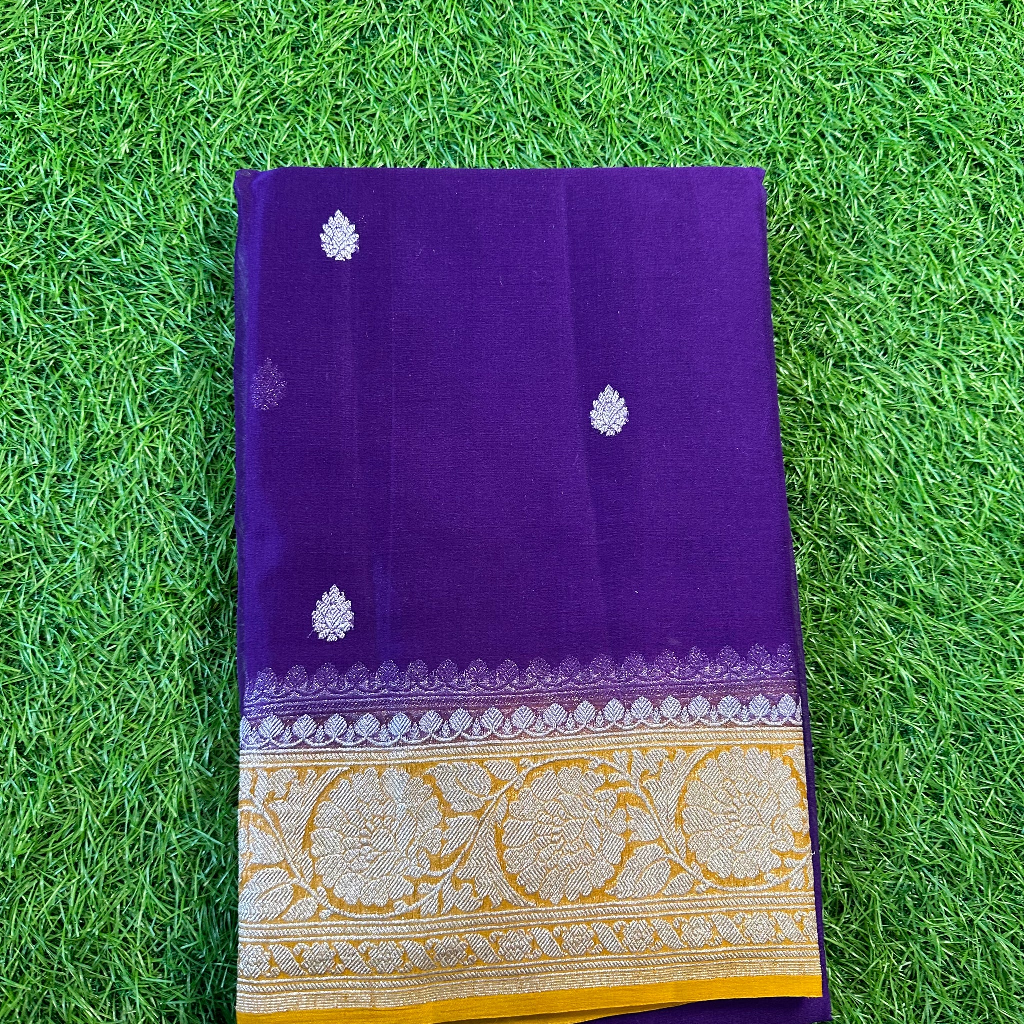 Purple with mustard, pure khaddi chiffon sarees.