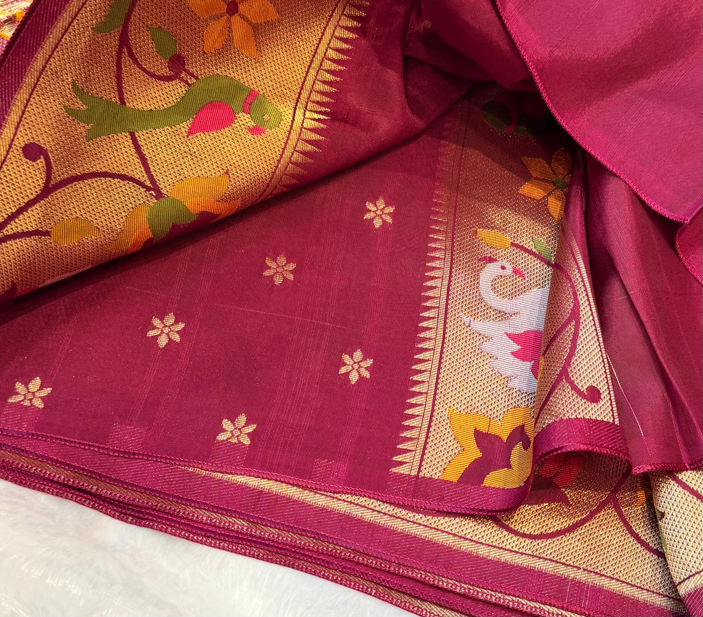 Wine pure paithani swan & peacock border saree