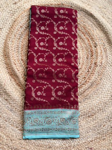 Wine and Sea blue Banarasi Crepe Chiffon in Jaal Pattern