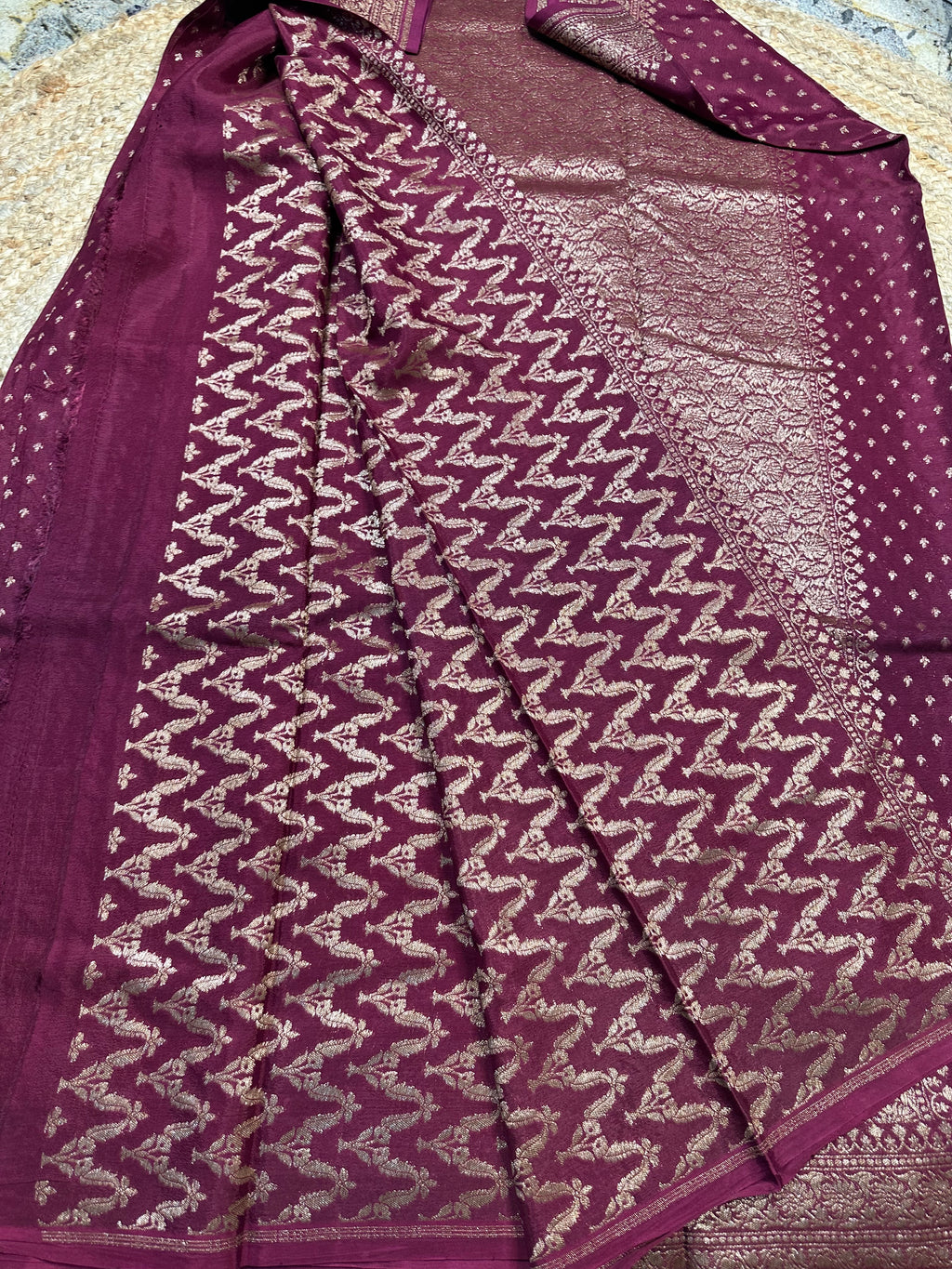 Maroon crepe chiffon with brocade blouse handloom silk.