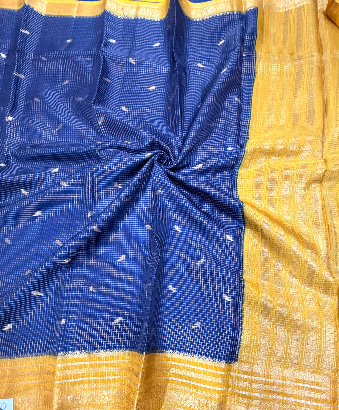 Peacock blue contrast border checks Dola crepe saree