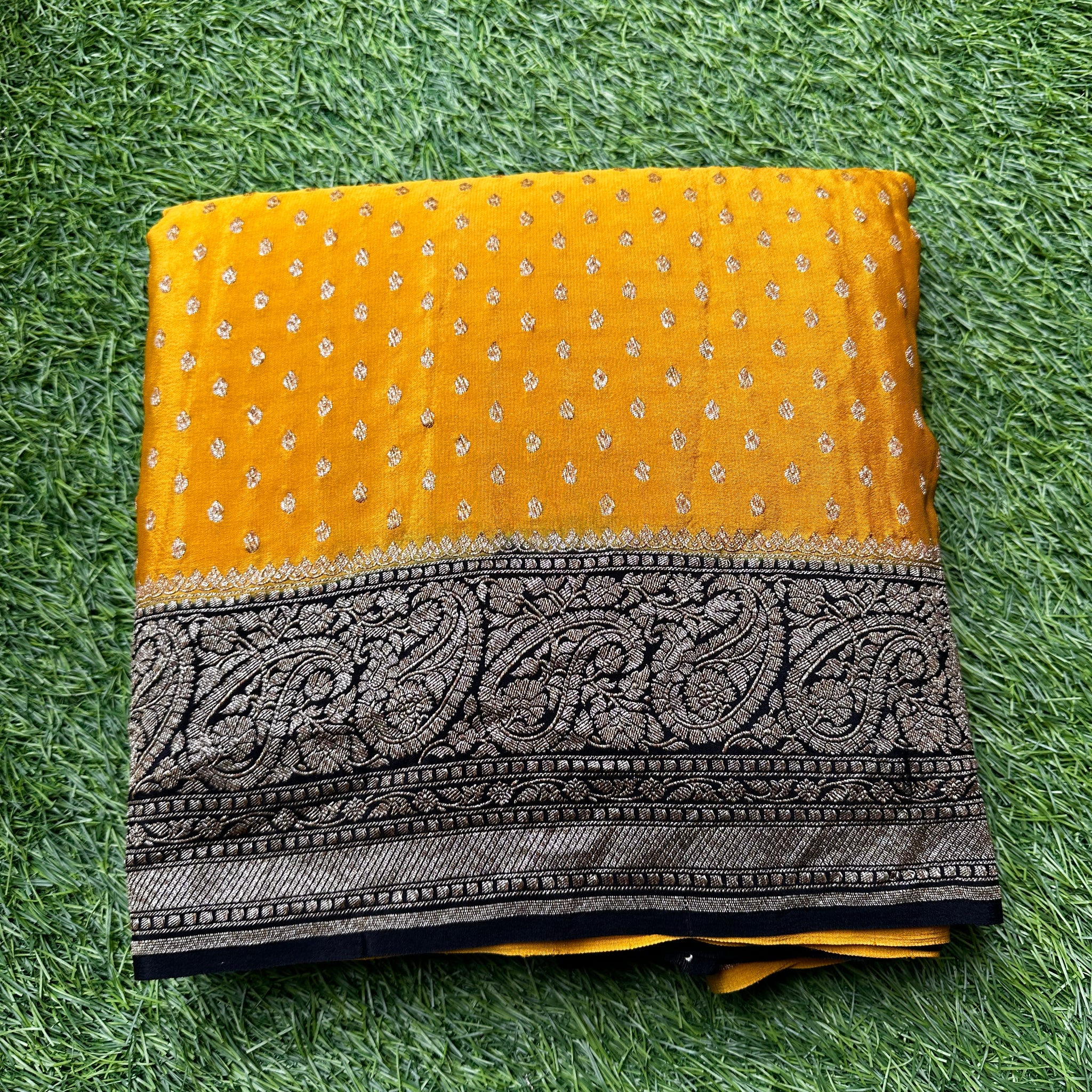 Pure crepe silk Banaras. Mustard with black.