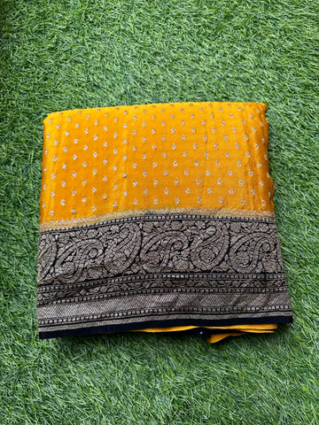 Pure crepe silk Banaras. Mustard with black.