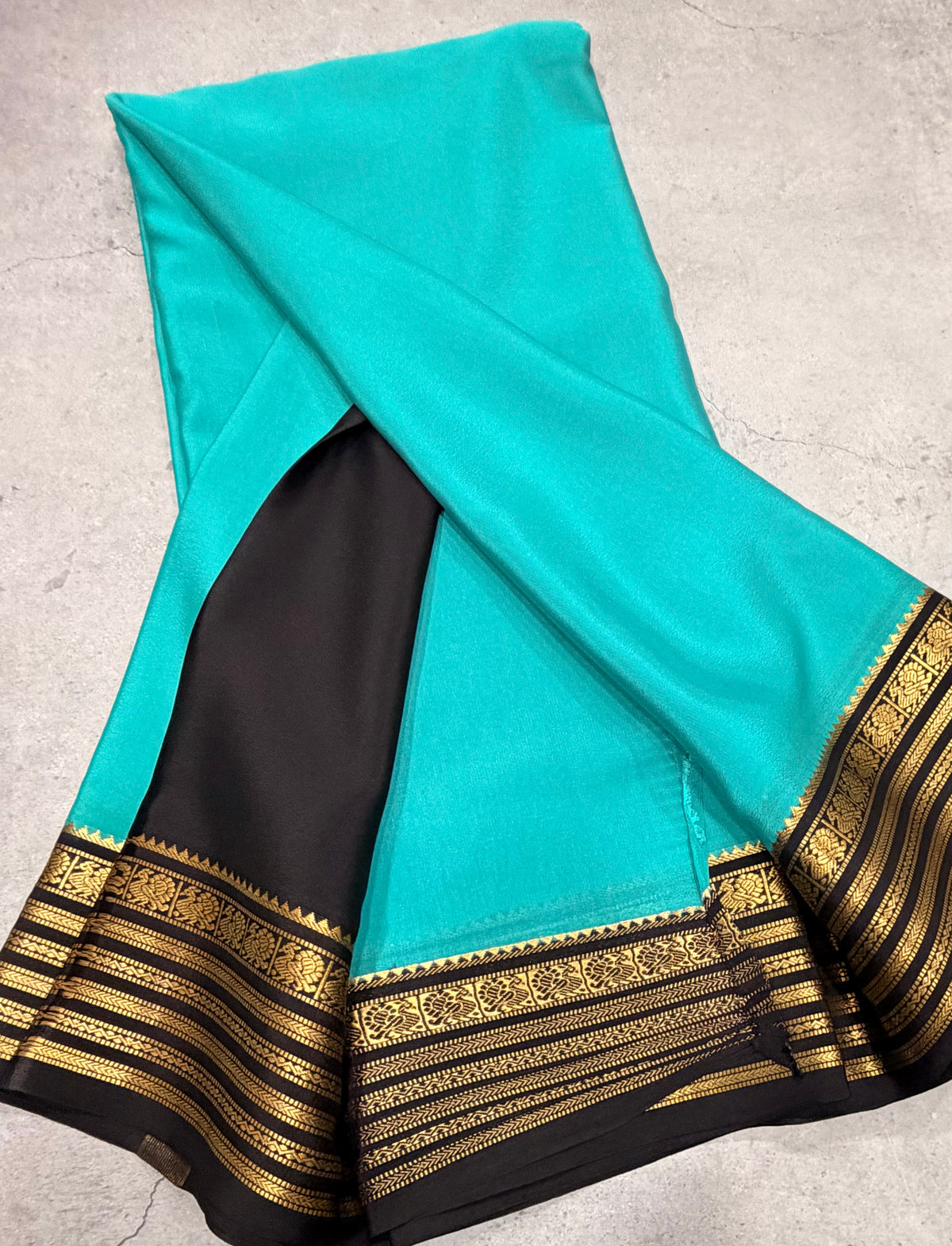 Light Rama green stripes border pure Mysore silk crepe saree