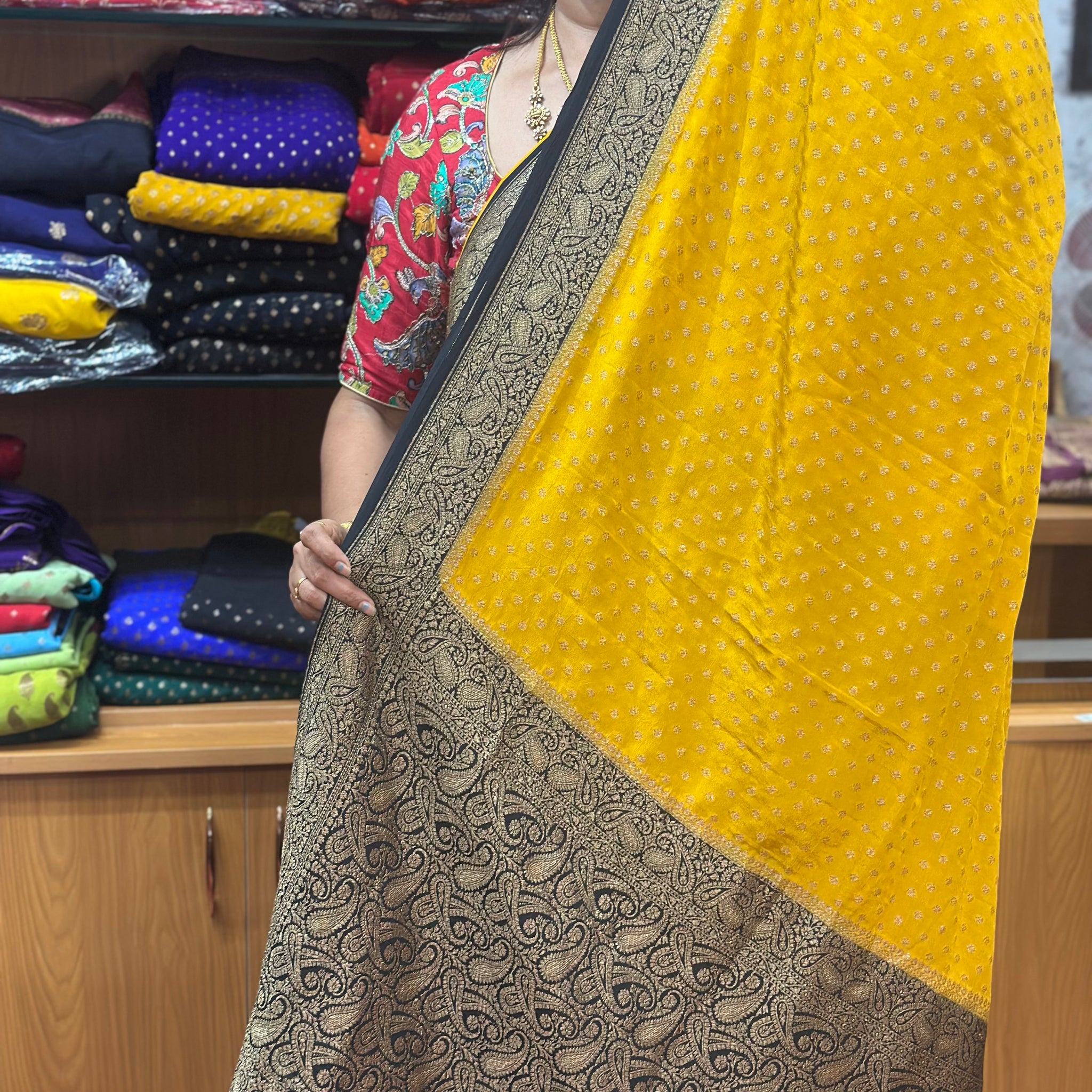 Yellow and black pure crepe Banaras sarees