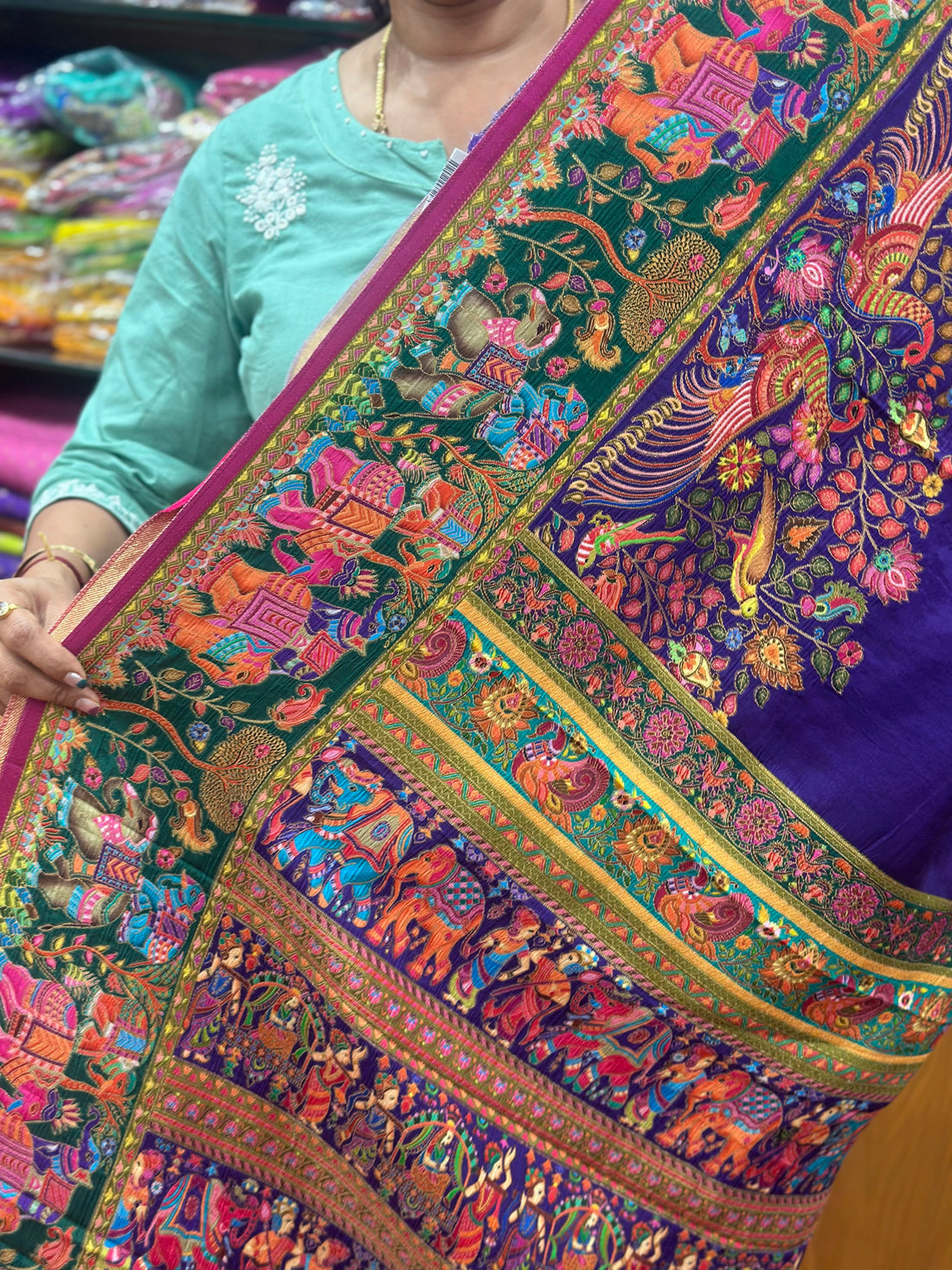 Purple with pink moonga crepe pashmina Saree
